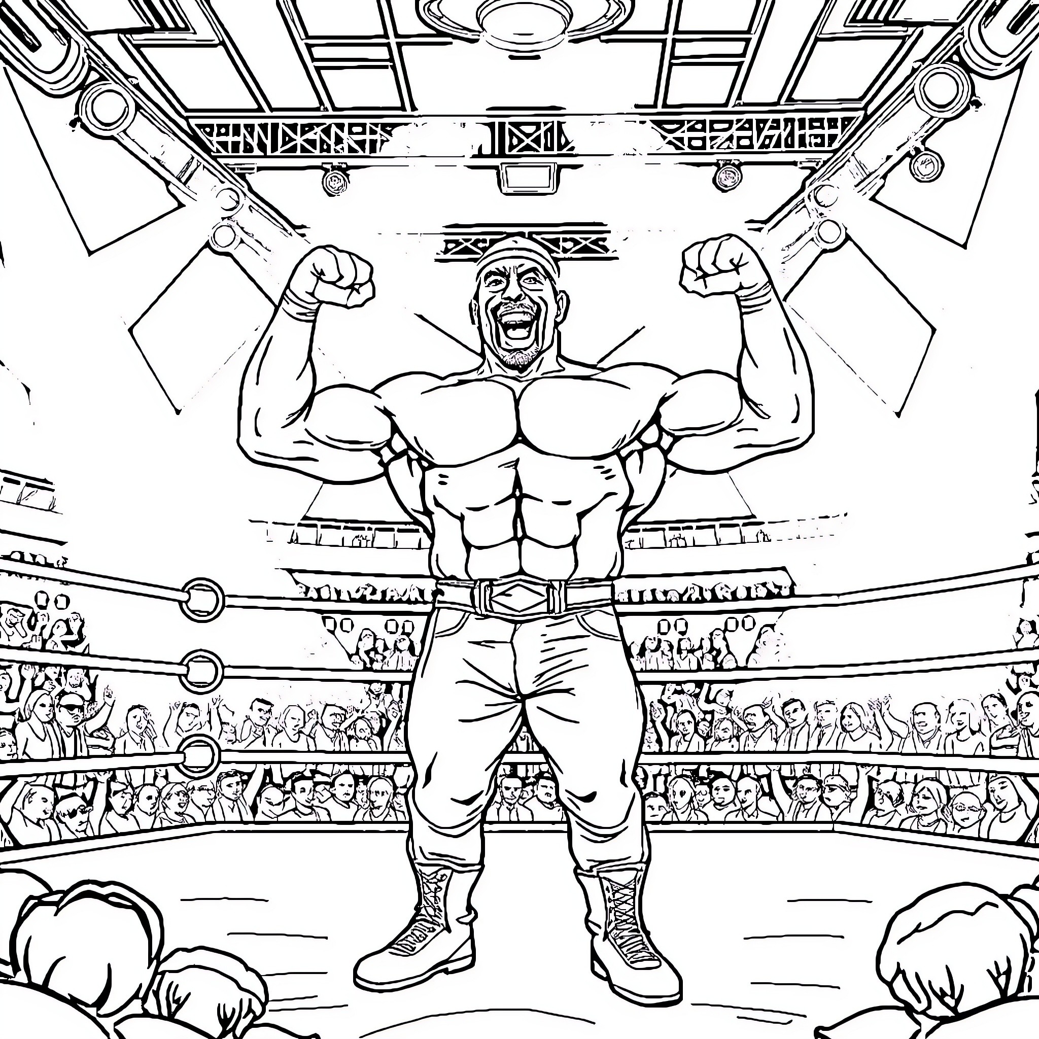 Hulk Hogan's Triumphant Pose in the Wrestling Ring Coloring Page (free black-and-white line drawing printable PDF for all, from beginners to advanced learners, including children, teens, adults, and seniors)