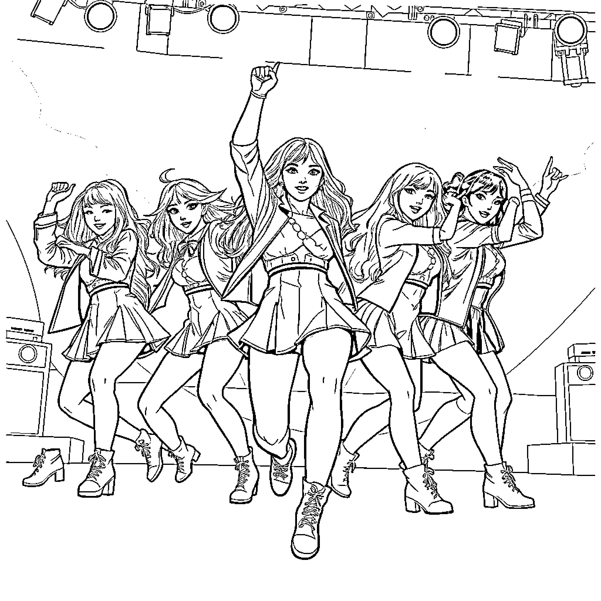 Kpop Warriors in Energetic Performance Coloring Page (free black-and-white line drawing printable PDF for all, from beginners to advanced learners, including children, teens, adults, and seniors)