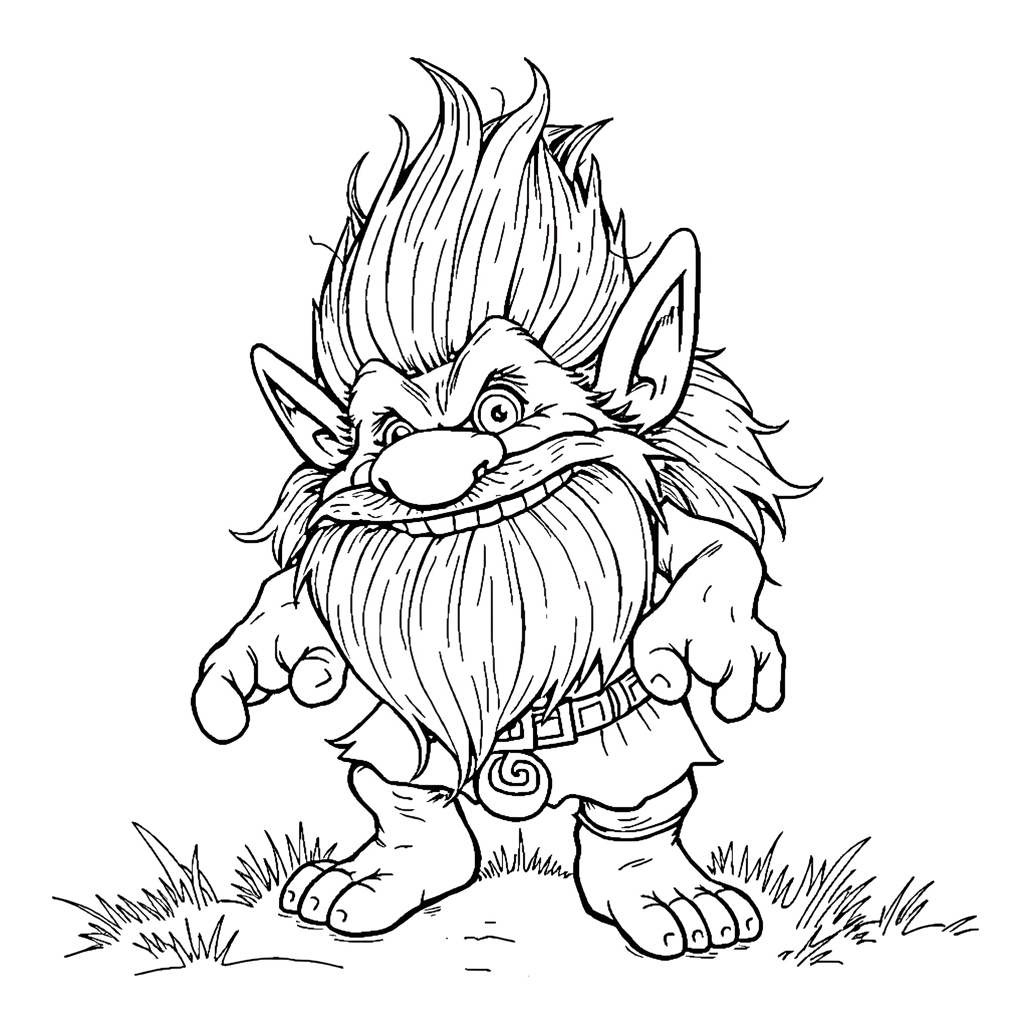 Troll with mischievous expression and wild hair Coloring Page (free black-and-white line drawing printable PDF for all, from beginners to advanced learners, including children, teens, adults, and seniors)