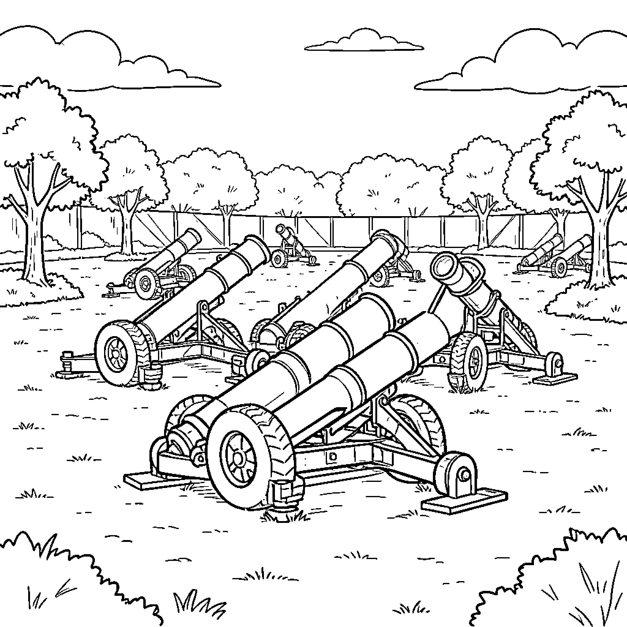 Mortar cannons lined up on a grassy field Coloring Page (free black-and-white line drawing printable PDF for all, from beginners to advanced learners, including children, teens, adults, and seniors)