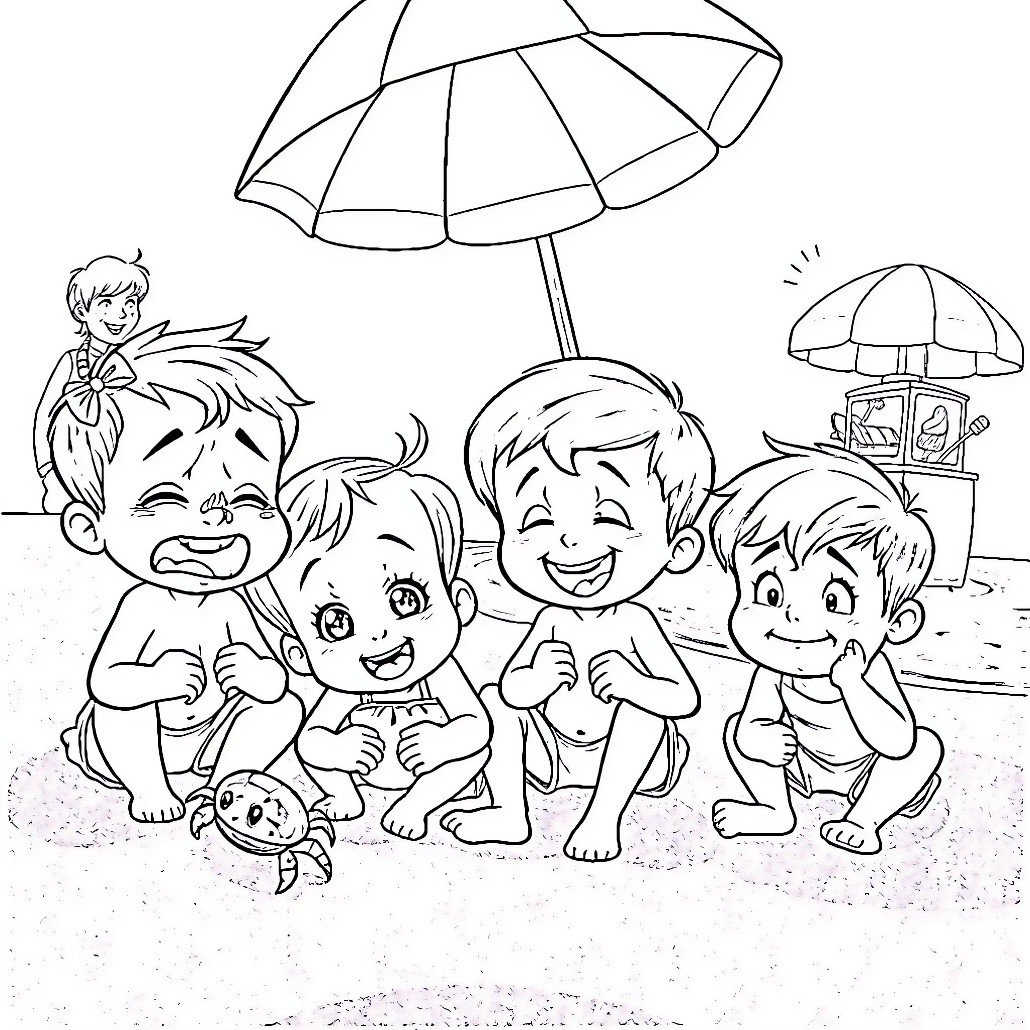 Child Playing with Friends in Summer Coloring Page (free black-and-white line drawing printable PDF for all, from beginners to advanced learners, including children, teens, adults, and seniors)