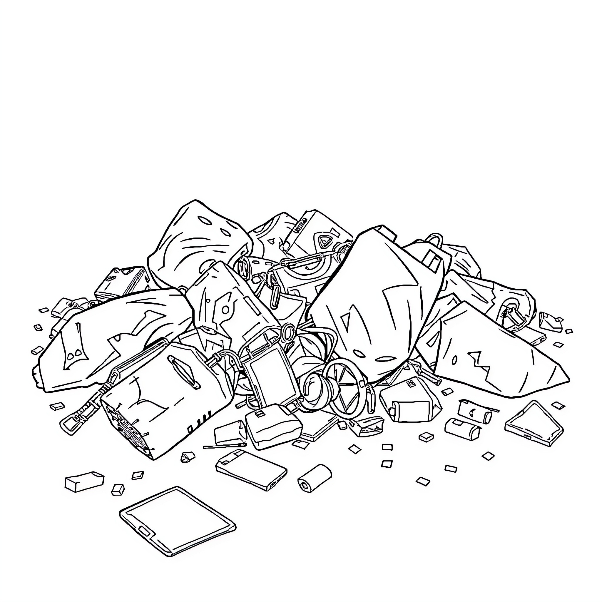 Garbage heap of discarded electronic devices Coloring Page (free black-and-white line drawing printable PDF for all, from beginners to advanced learners, including children, teens, adults, and seniors)