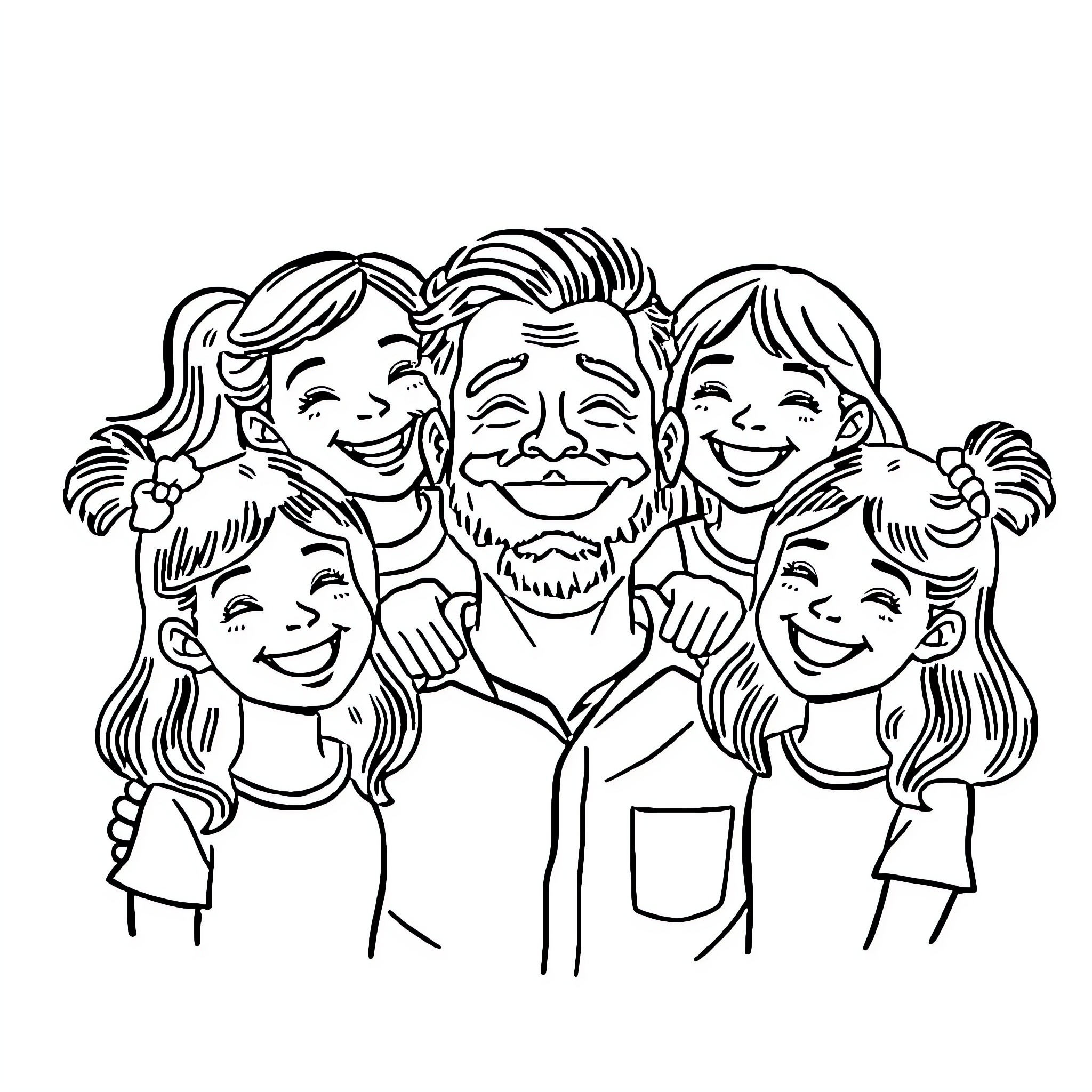 Dad's happy family portrait Coloring Page (free black-and-white line drawing printable PDF for all, from beginners to advanced learners, including children, teens, adults, and seniors)