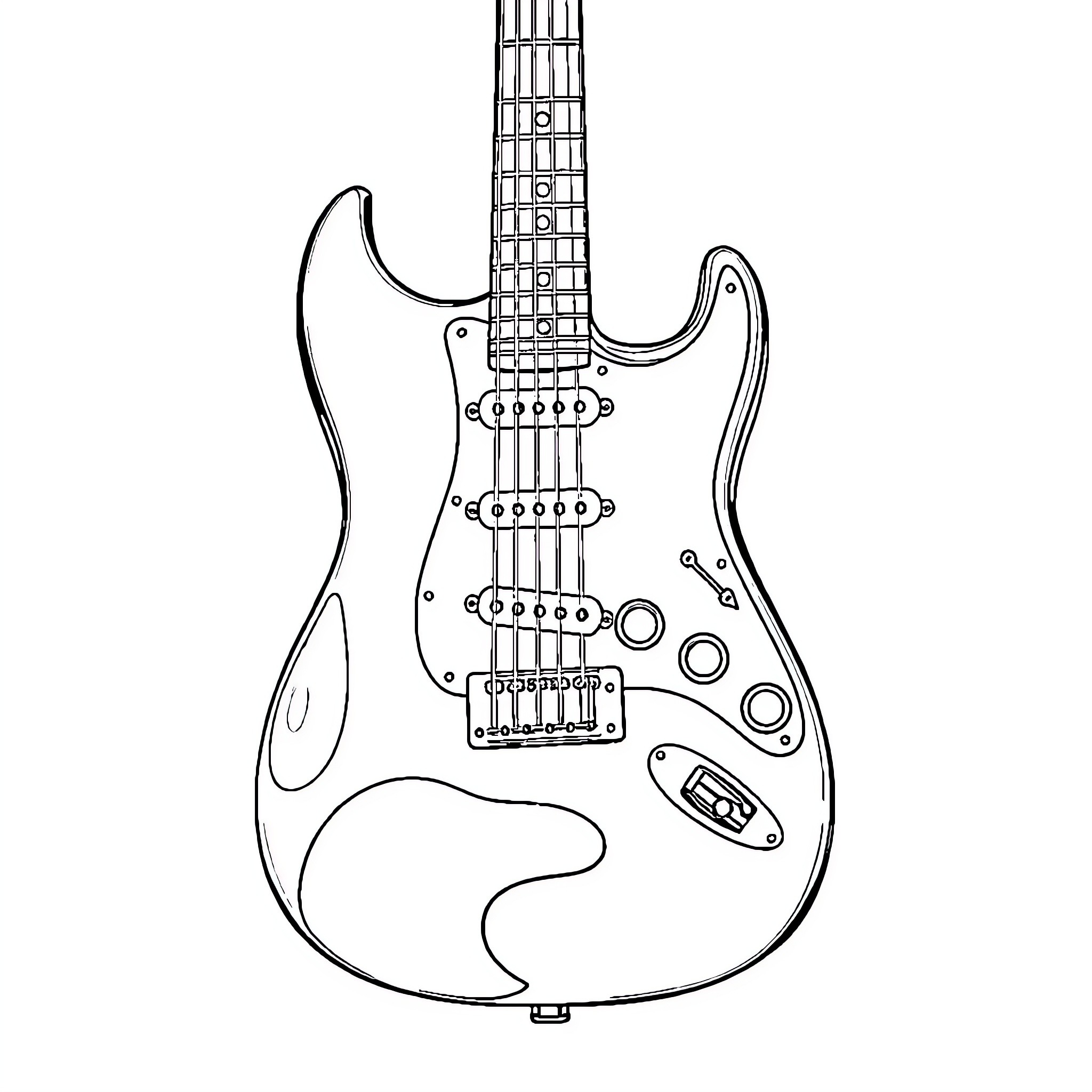 Electric Guitar with Bold Design and Details Coloring Page (free black-and-white line drawing printable PDF for all, from beginners to advanced learners, including children, teens, adults, and seniors)