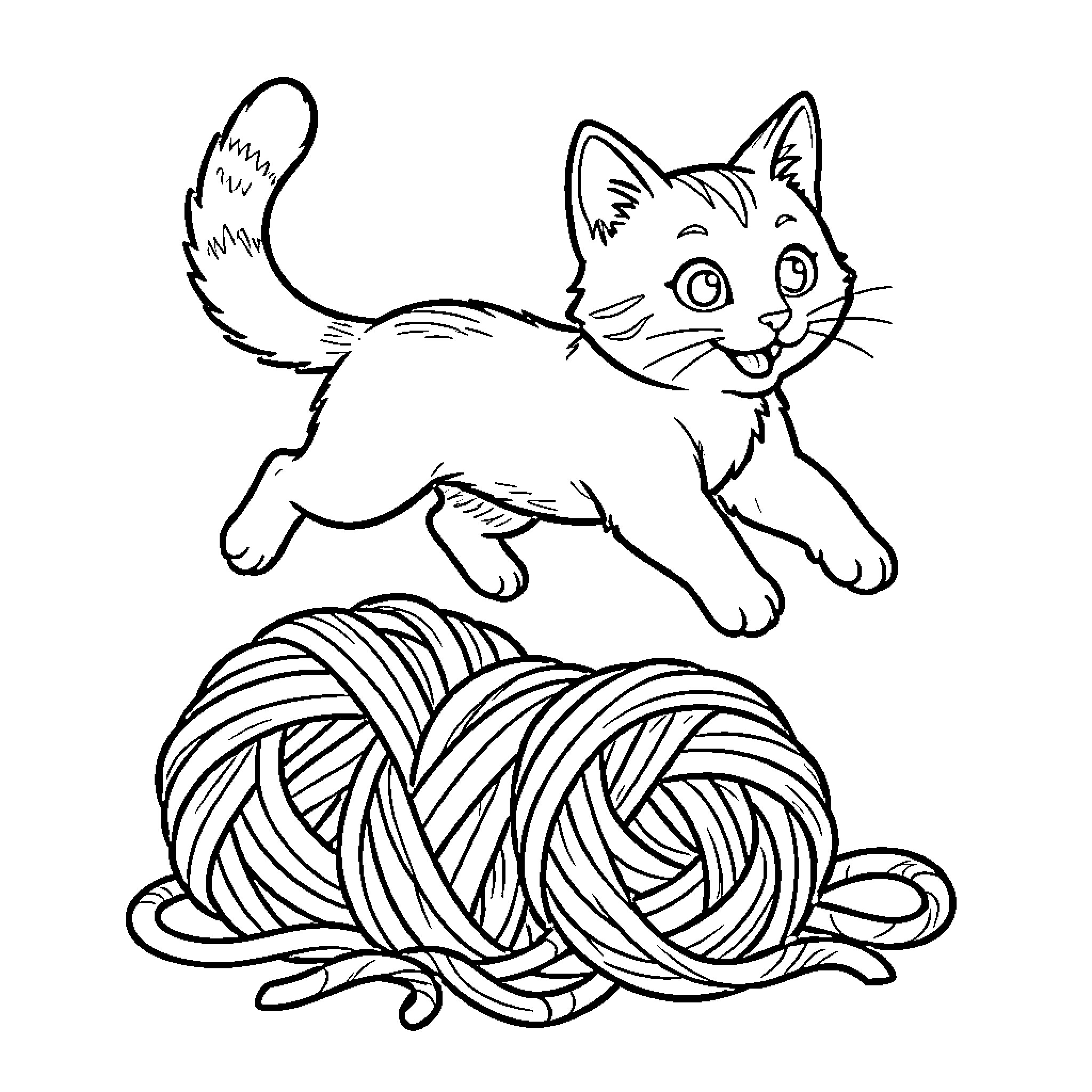 Gato playing with yarn on the floor Coloring Page (free black-and-white line drawing printable PDF for all, from beginners to advanced learners, including children, teens, adults, and seniors)