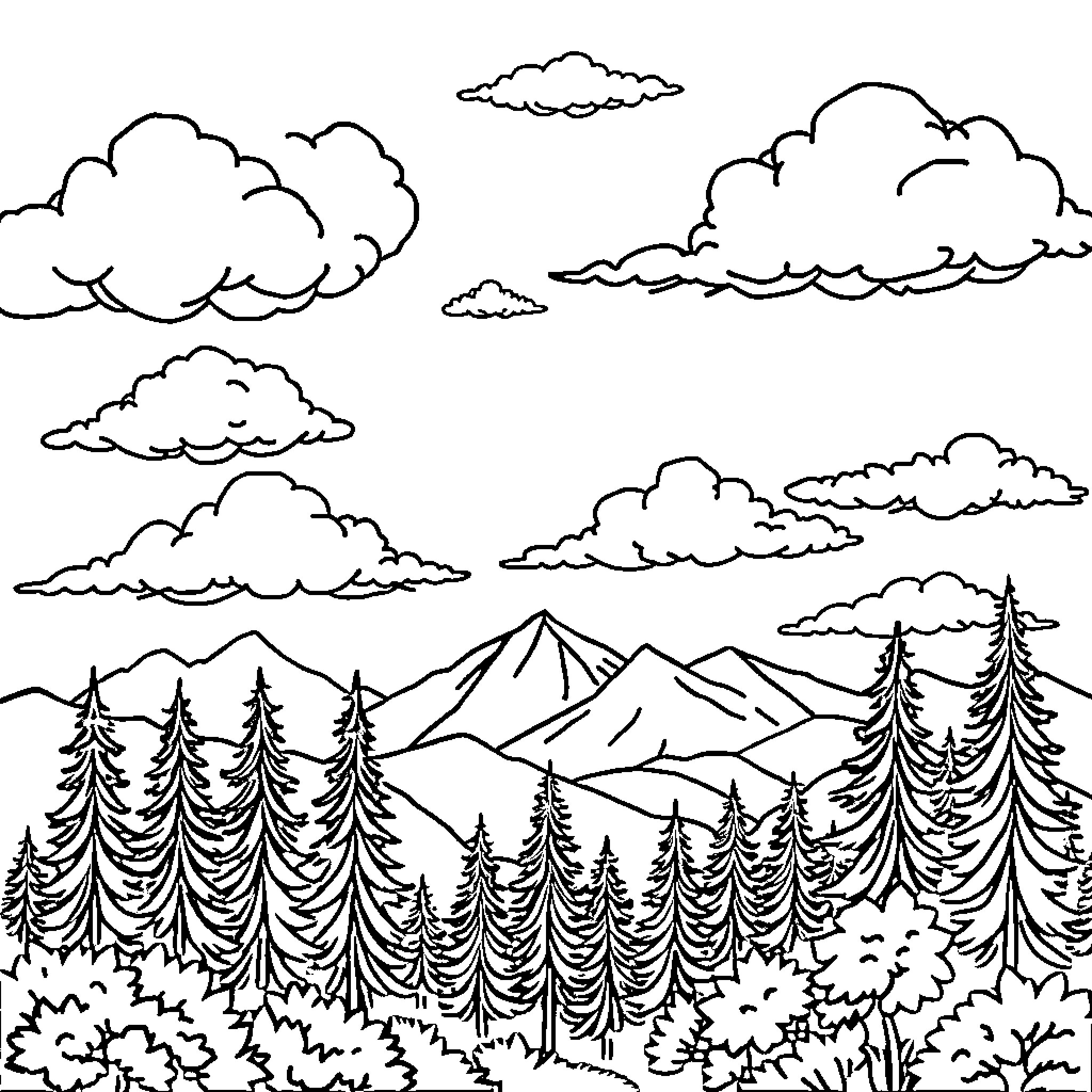 Bob Ross paints serene mountain landscape with clouds Coloring Page (free black-and-white line drawing printable PDF for all, from beginners to advanced learners, including children, teens, adults, and seniors)