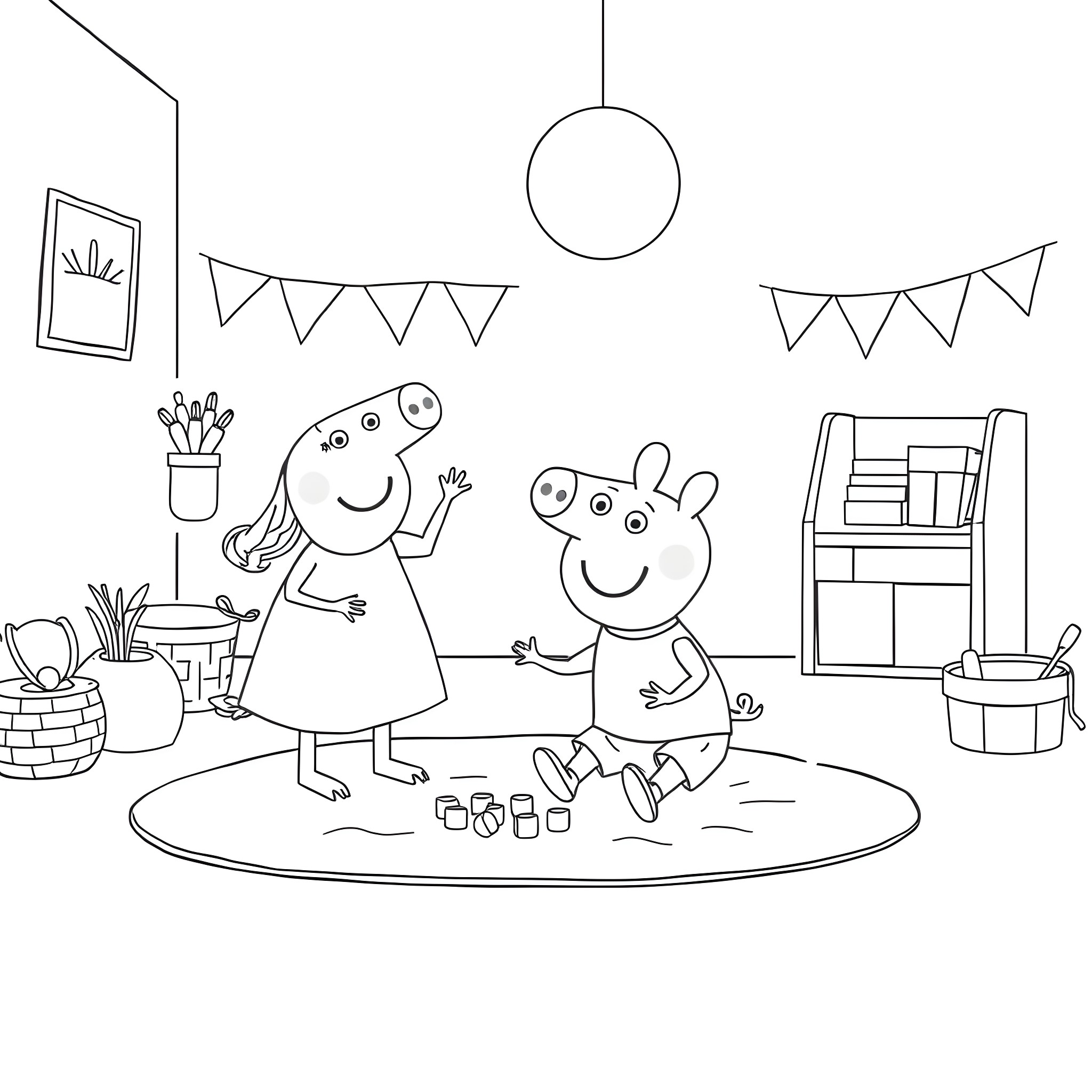 Child playing happily with friend in decorated room Coloring Page (free black-and-white line drawing printable PDF for all, from beginners to advanced learners, including children, teens, adults, and seniors)