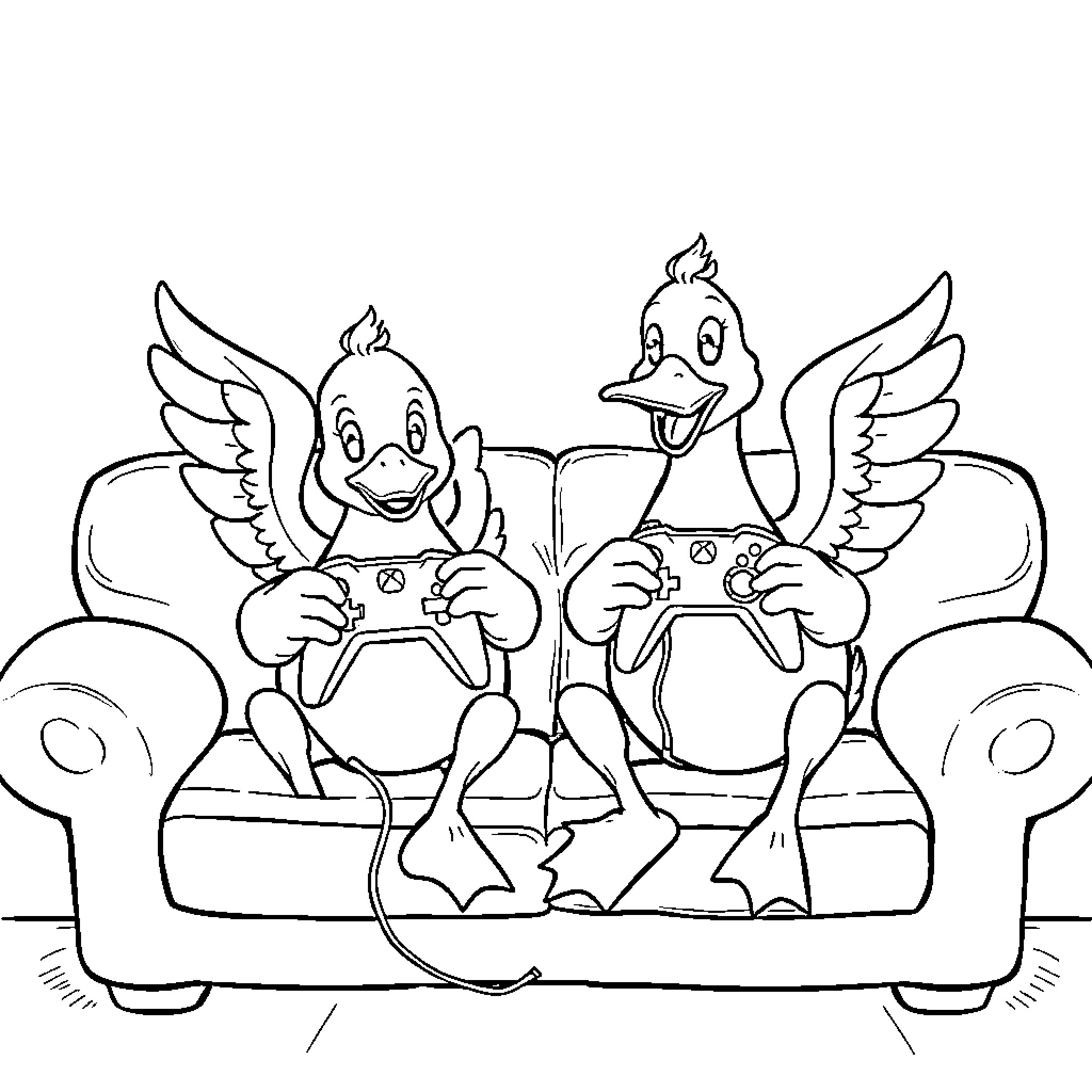 Duck friends playing video games on couch Coloring Page (free black-and-white line drawing printable PDF for all, from beginners to advanced learners, including children, teens, adults, and seniors)