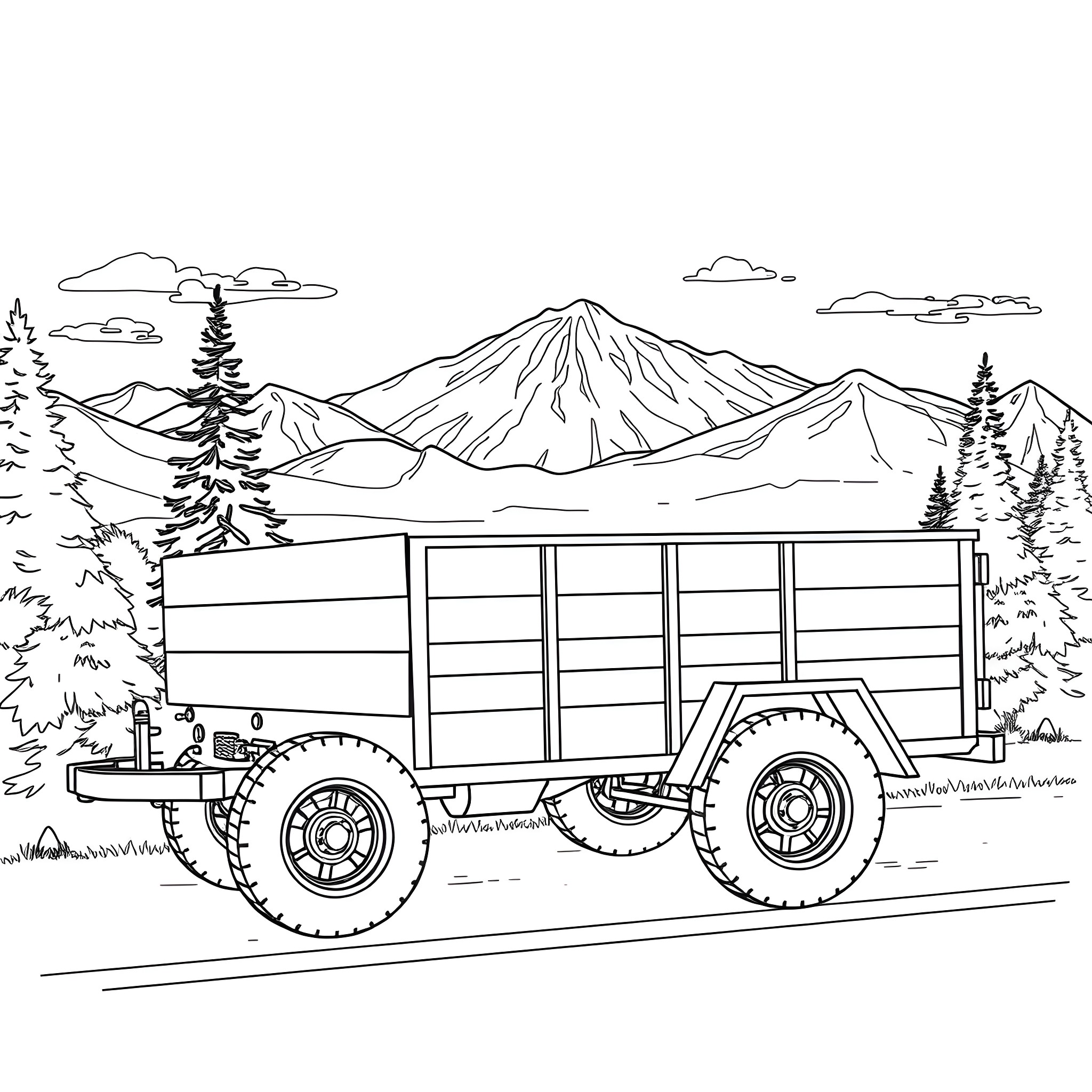 Car Trailer Transporting Goods through Scenic Mountains Coloring Page (free black-and-white line drawing printable PDF for all, from beginners to advanced learners, including children, teens, adults, and seniors)
