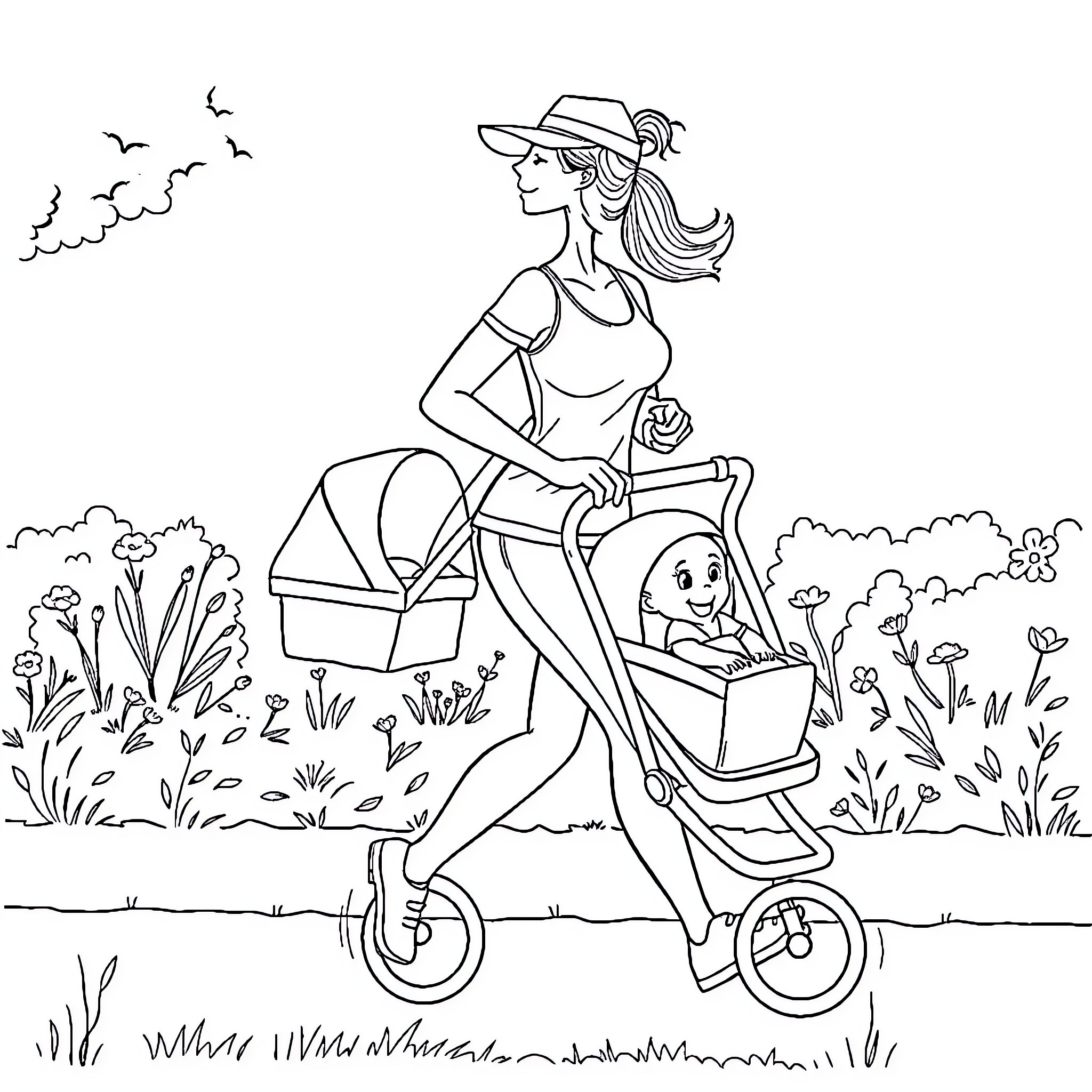 Mom Strolling with Baby in the Park Coloring Page (free black-and-white line drawing printable PDF for all, from beginners to advanced learners, including children, teens, adults, and seniors)