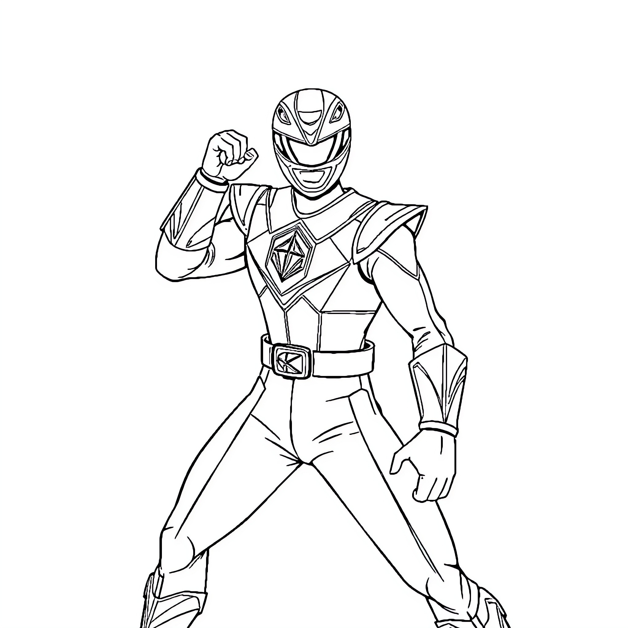 Power Ranger hero striking heroic pose Coloring Page (free black-and-white line drawing printable PDF for all, from beginners to advanced learners, including children, teens, adults, and seniors)