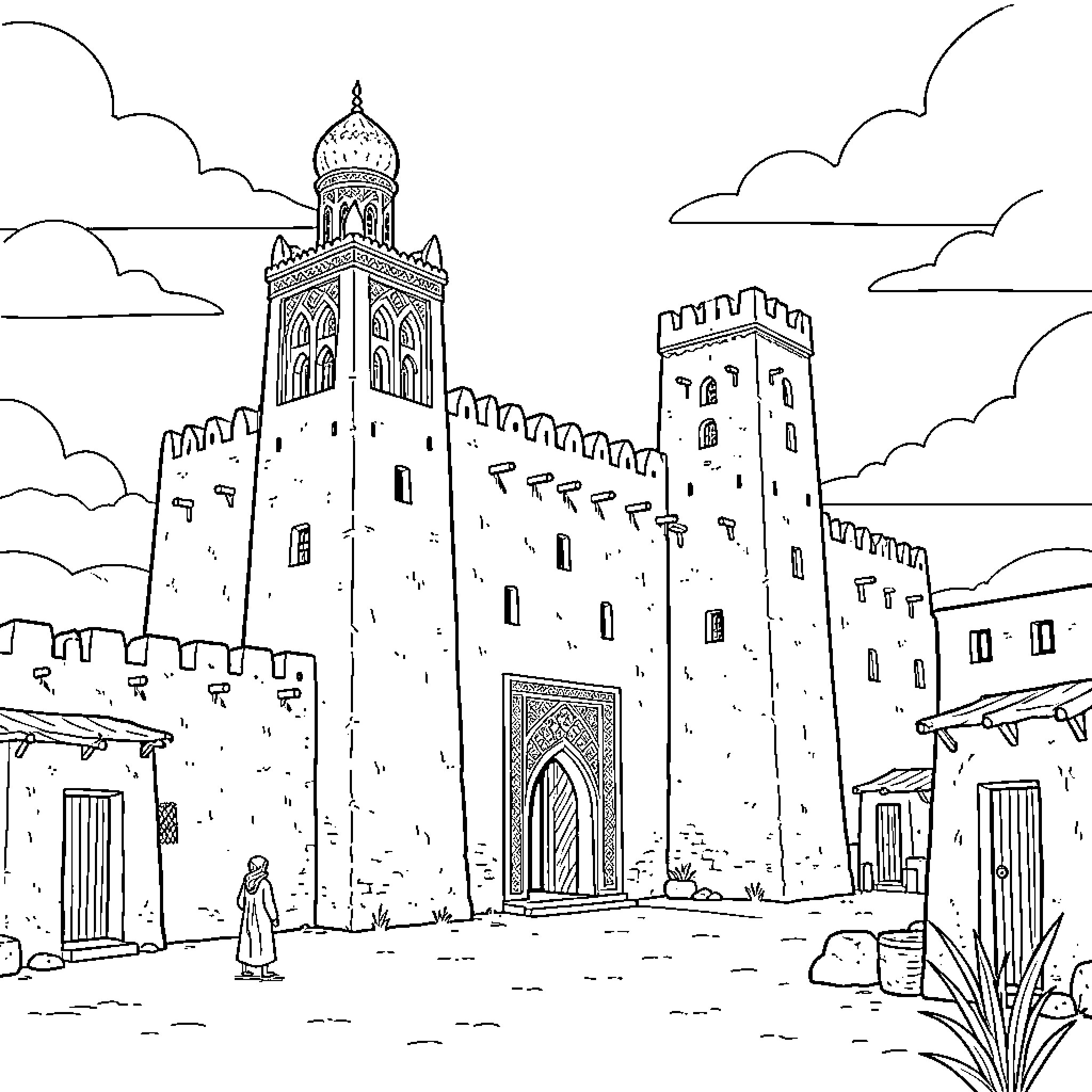 Mosque standing tall amidst ancient city buildings Coloring Page (free black-and-white line drawing printable PDF for all, from beginners to advanced learners, including children, teens, adults, and seniors)