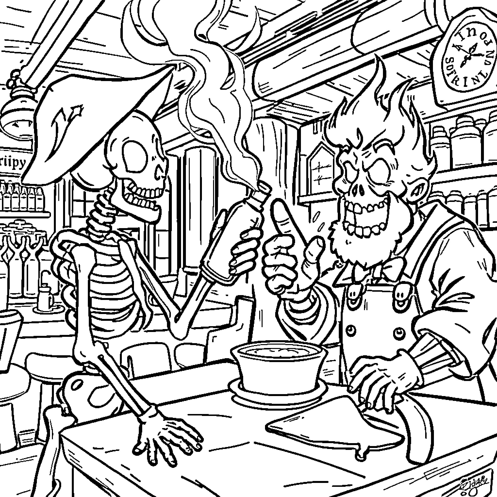 Sans Skeletal Figures Brewing Potions in Spooky Workshop Coloring Page (free black-and-white line drawing printable PDF for all, from beginners to advanced learners, including children, teens, adults, and seniors)