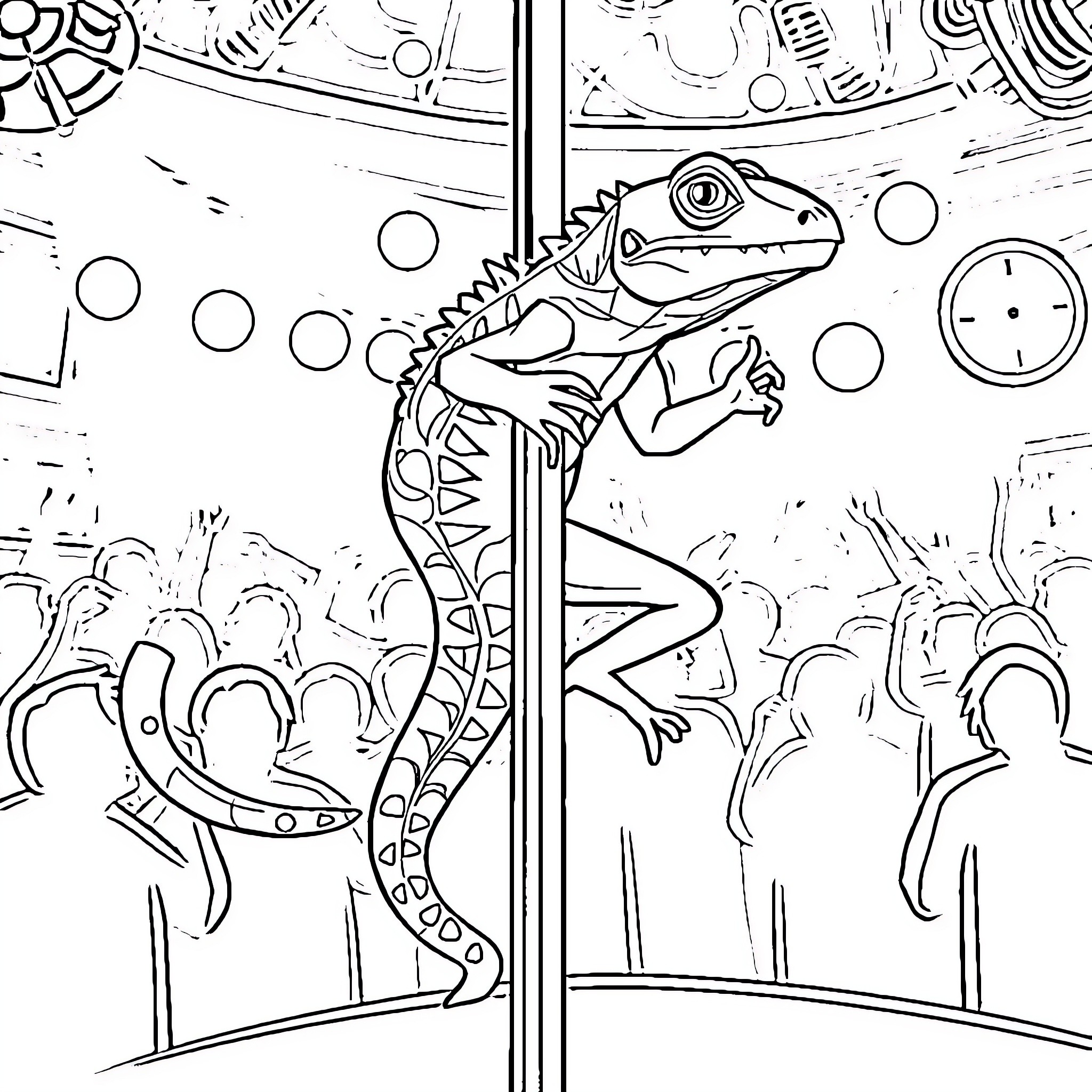 Lizard Climbing on Surreal Geometric Structure Coloring Page (free black-and-white line drawing printable PDF for all, from beginners to advanced learners, including children, teens, adults, and seniors)