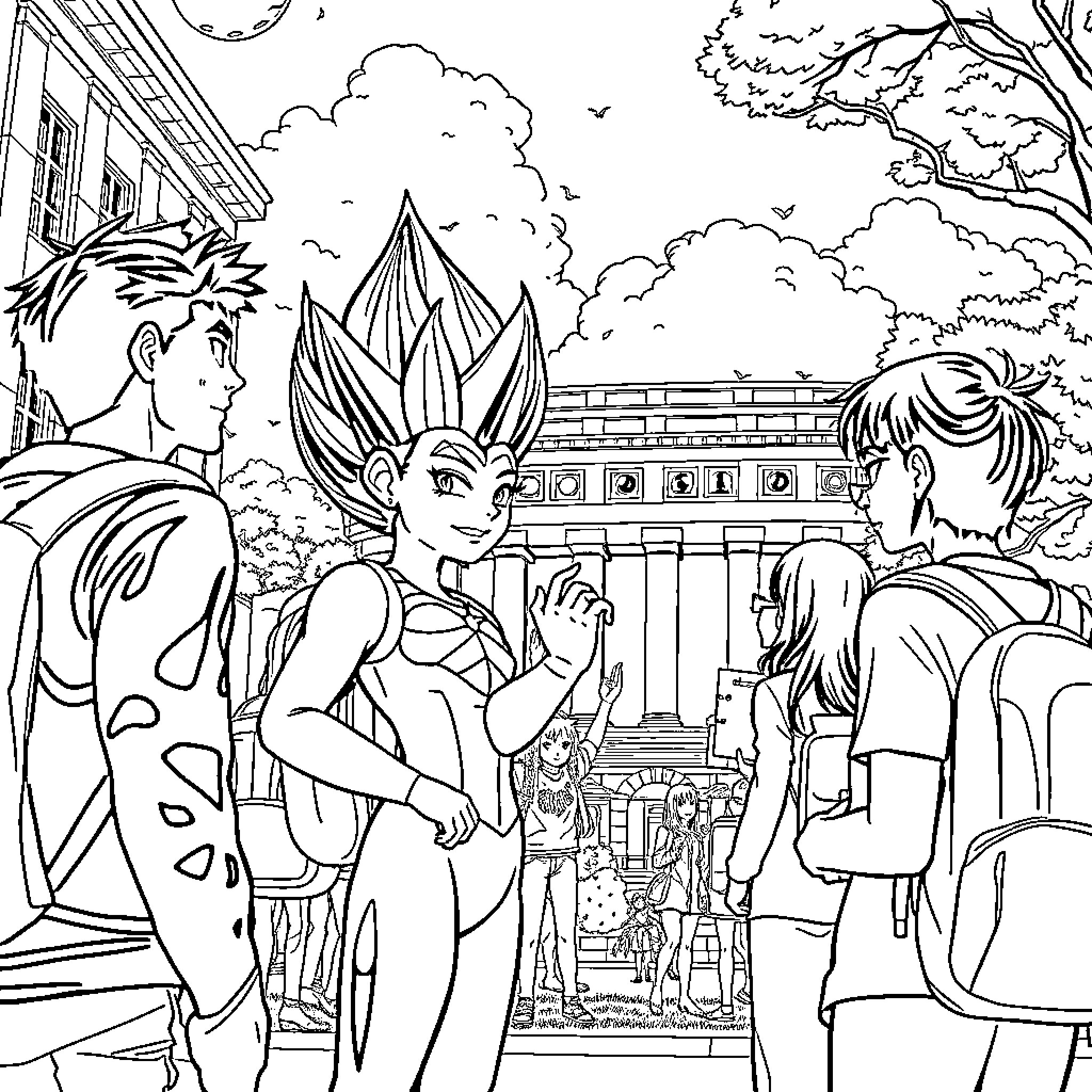 Vegeta's Encounter with Mystical Characters in an Enchanted Setting Coloring Page (free black-and-white line drawing printable PDF for all, from beginners to advanced learners, including children, teens, adults, and seniors)