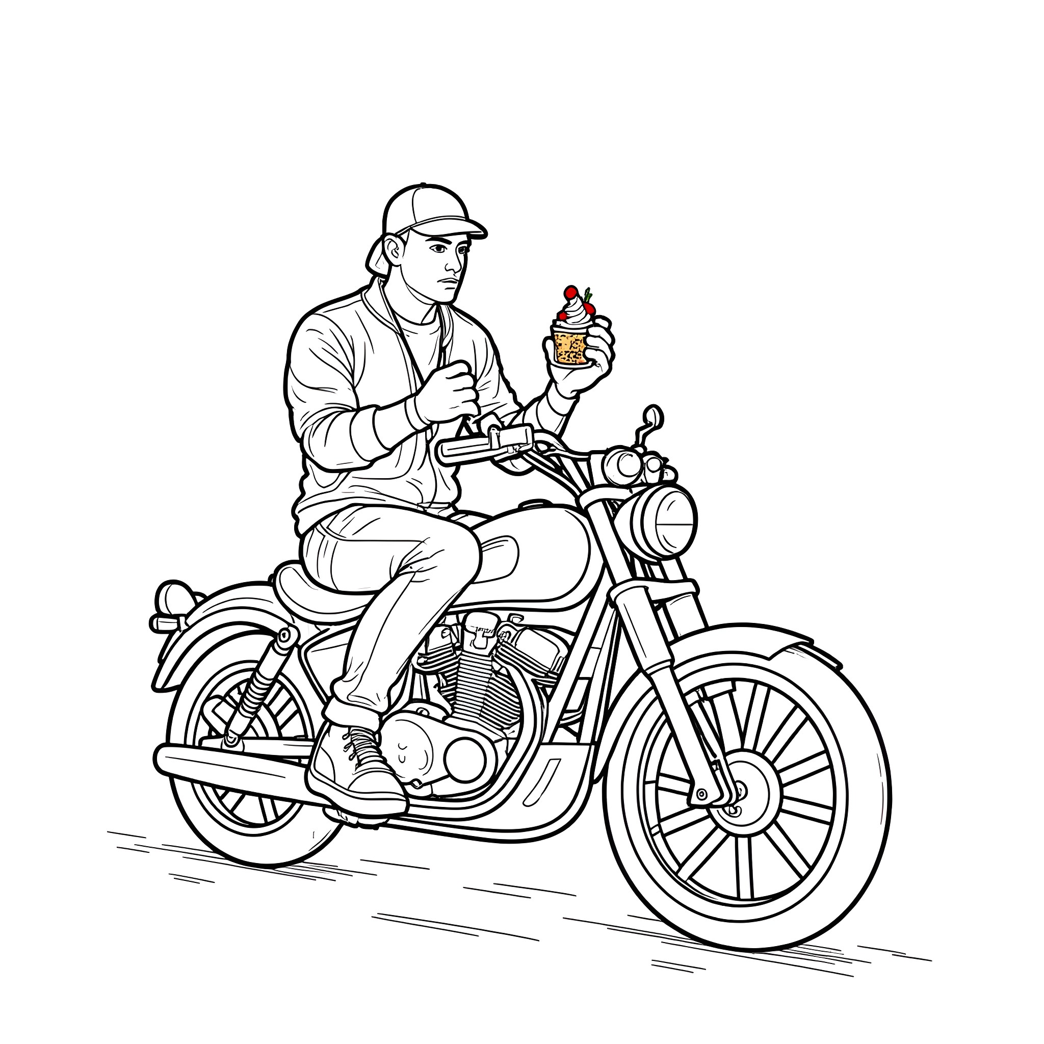 Eminem riding motorcycle and enjoying a beverage Coloring Page (free black-and-white line drawing printable PDF for all, from beginners to advanced learners, including children, teens, adults, and seniors)