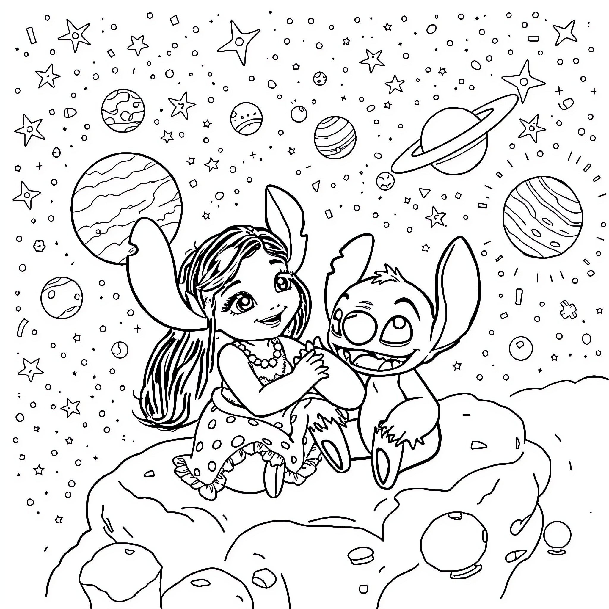 Moana and Stitch exploring the cosmic wonders Coloring Page (free black-and-white line drawing printable PDF for all, from beginners to advanced learners, including children, teens, adults, and seniors)