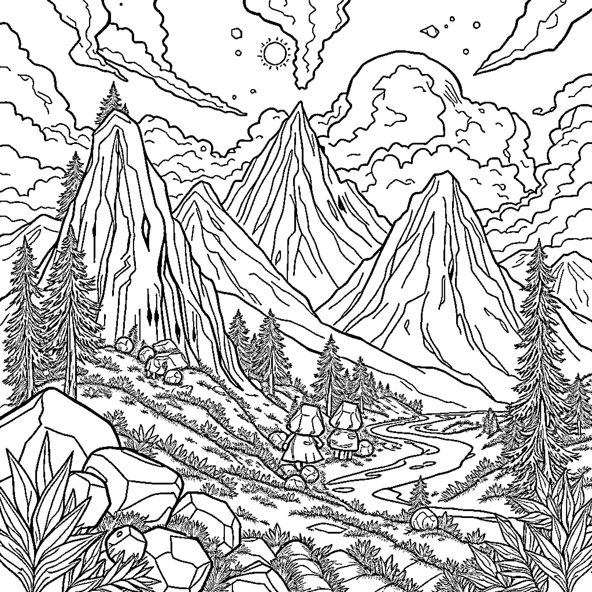 Huntrix Mountain Retreat Wilderness Scene Coloring Page (free black-and-white line drawing printable PDF for all, from beginners to advanced learners, including children, teens, adults, and seniors)