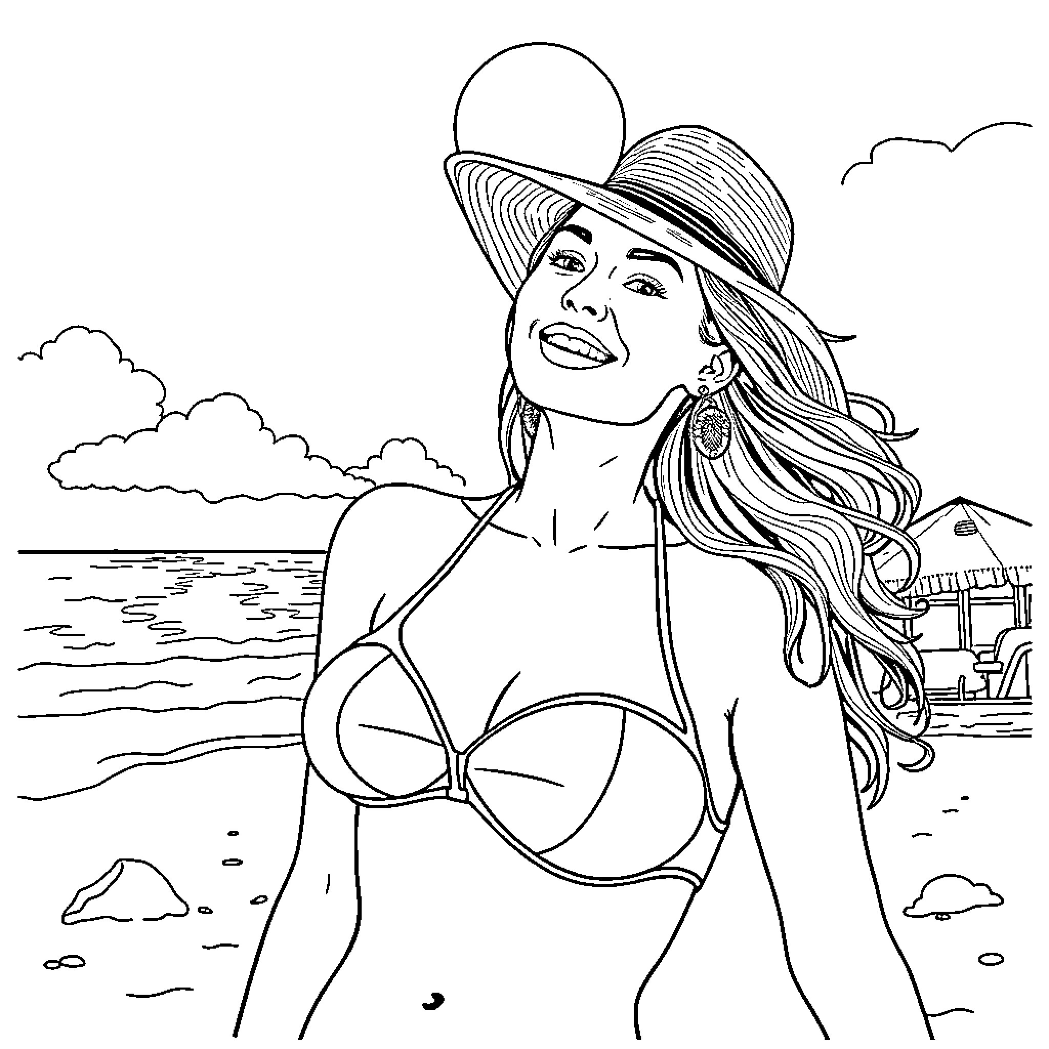 Sydney Sweeney enjoying a day at the beach Coloring Page (free black-and-white line drawing printable PDF for all, from beginners to advanced learners, including children, teens, adults, and seniors)