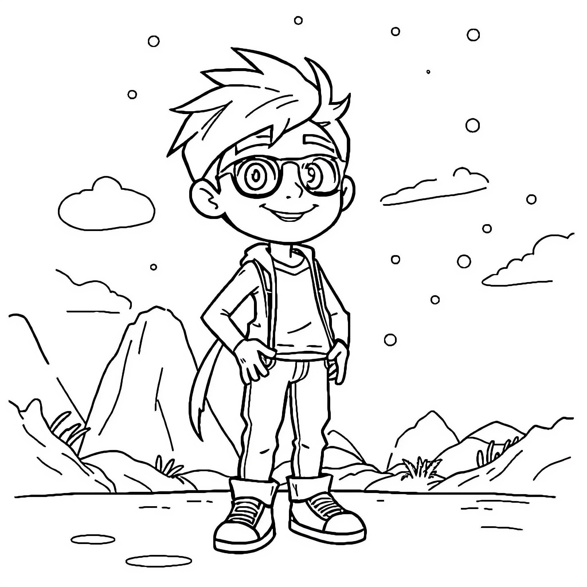 Avatar of a cheerful boy in the wilderness Coloring Page (free black-and-white line drawing printable PDF for all, from beginners to advanced learners, including children, teens, adults, and seniors)