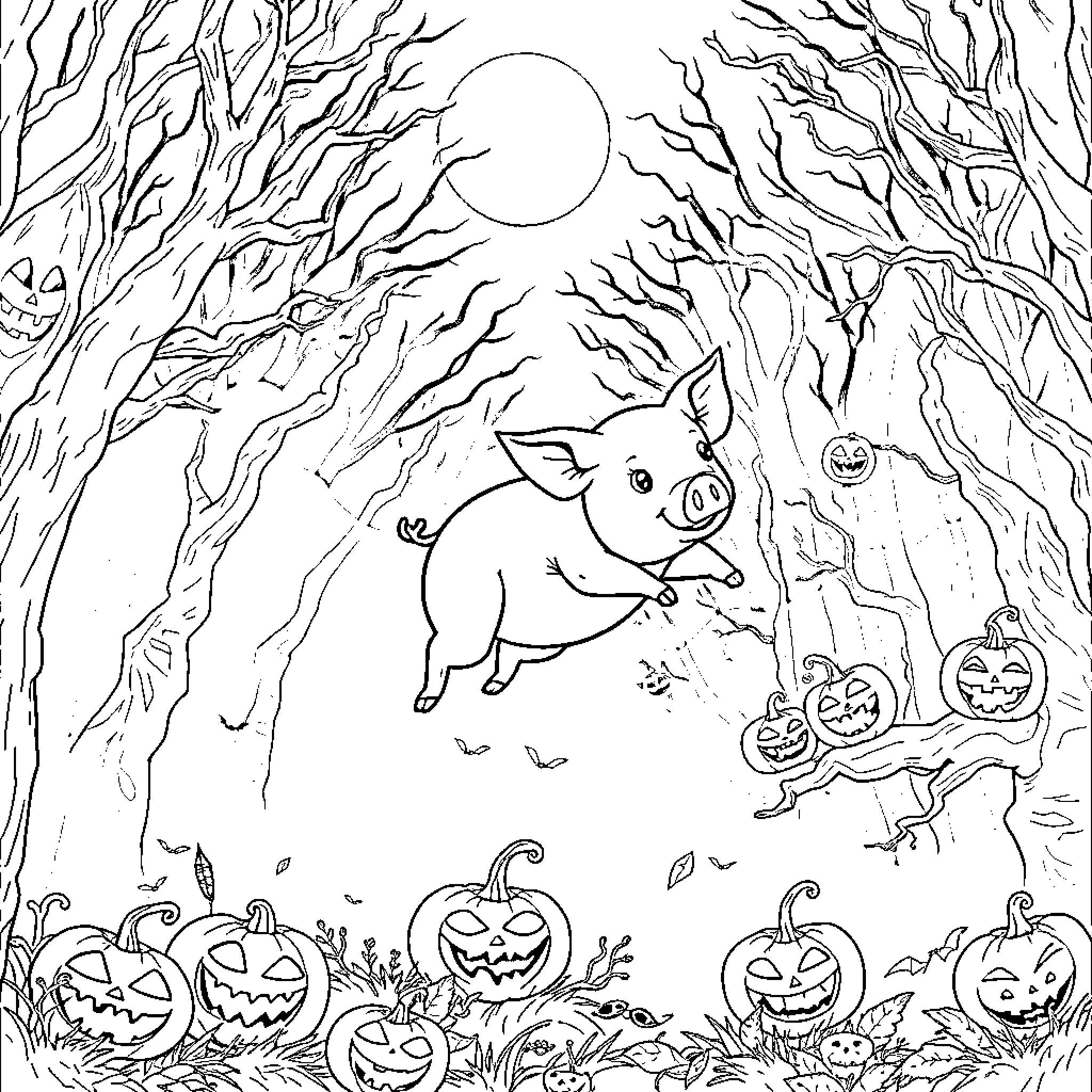 Flying Pig Soaring Through a Spooky Halloween Forest Coloring Page (free black-and-white line drawing printable PDF for all, from beginners to advanced learners, including children, teens, adults, and seniors)