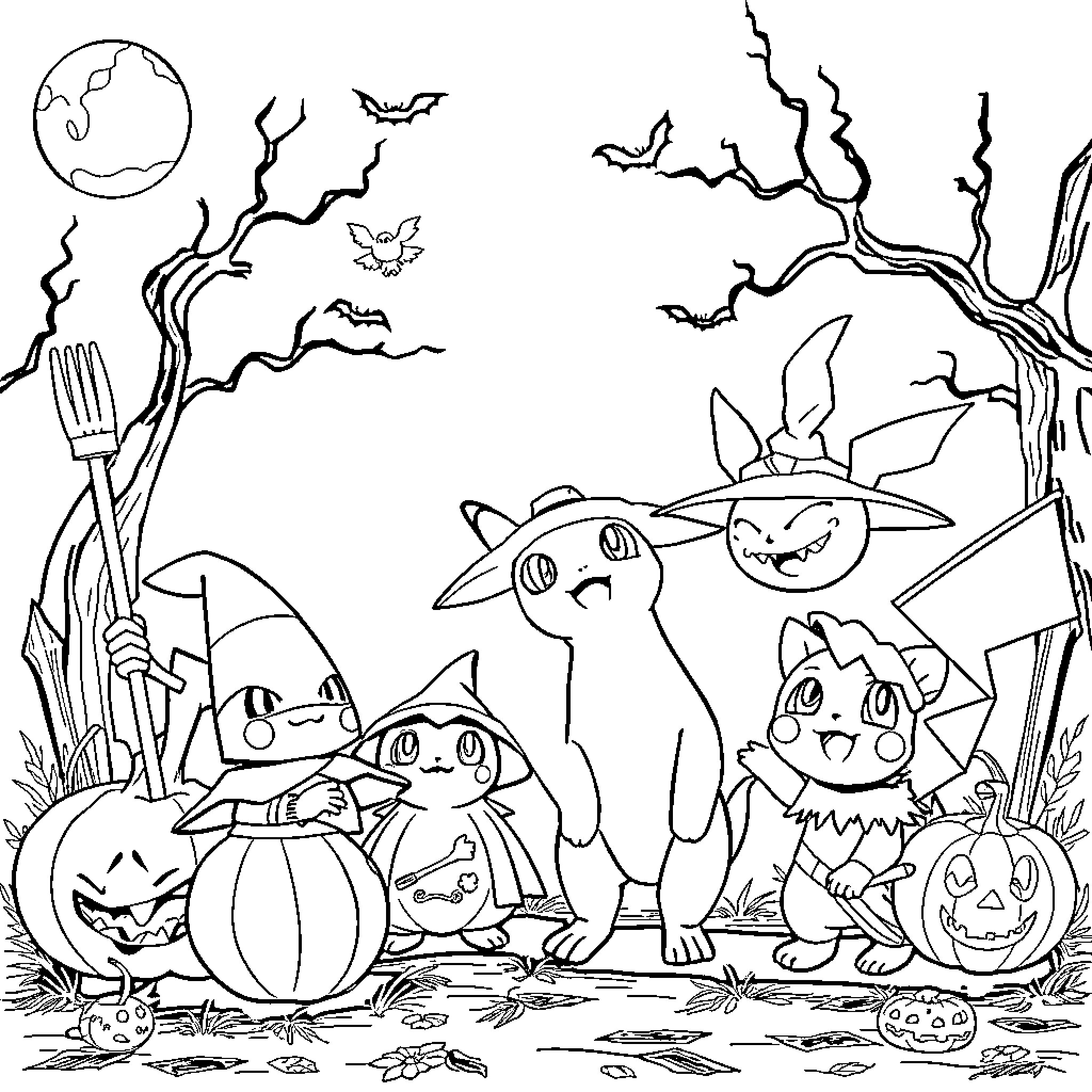 Pokémon characters in a spooky Halloween scene Coloring Page (free black-and-white line drawing printable PDF for all, from beginners to advanced learners, including children, teens, adults, and seniors)