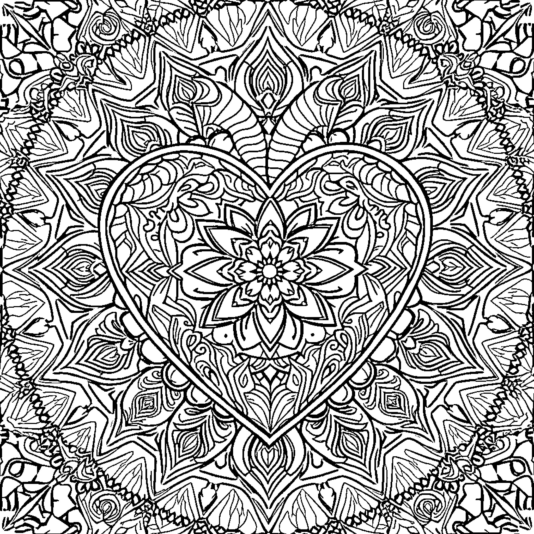 Heart of Intricate Floral Patterns Coloring Page (free black-and-white line drawing printable PDF for all, from beginners to advanced learners, including children, teens, adults, and seniors)