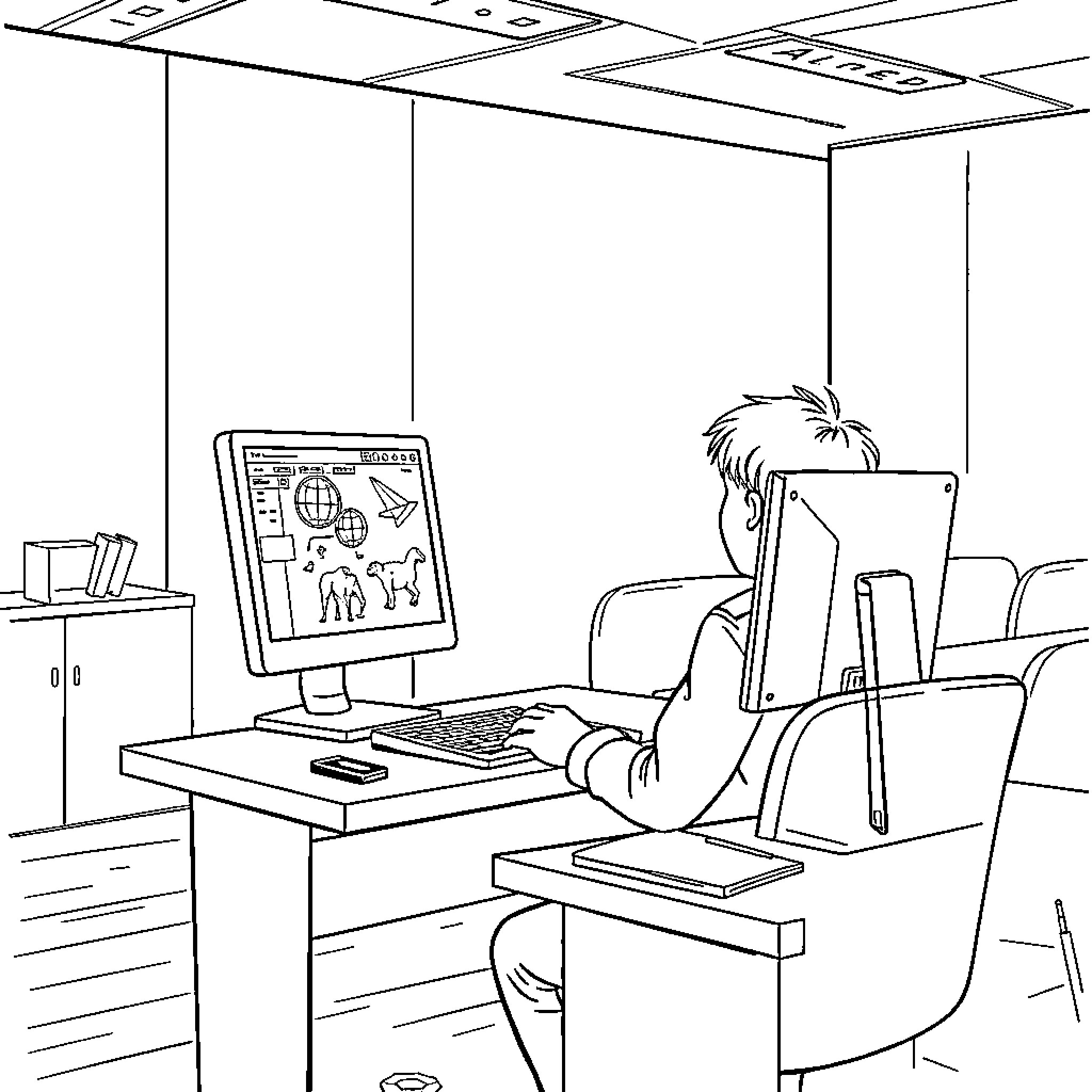 Élève travaillant sur un ordinateur dans une salle de classe Coloring Page (free black-and-white line drawing printable PDF for all, from beginners to advanced learners, including children, teens, adults, and seniors)