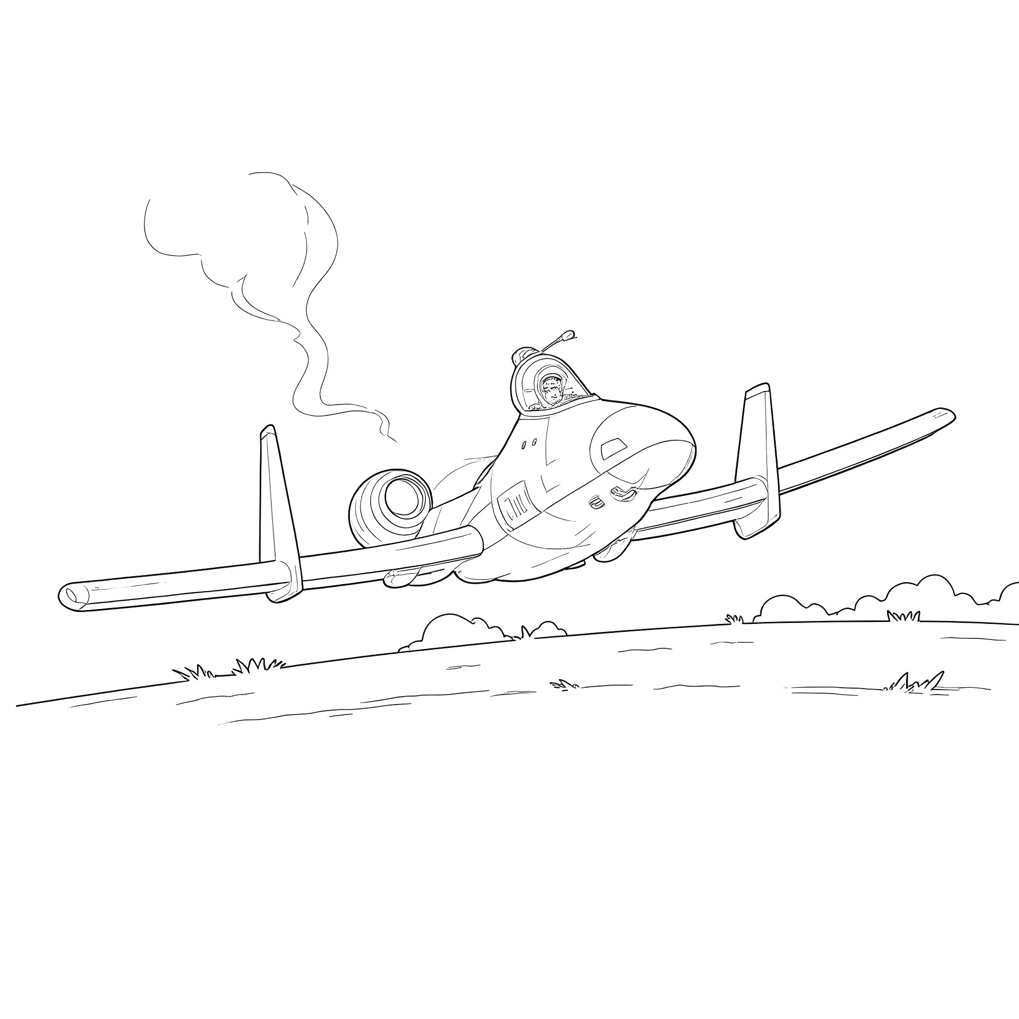 A-10 Warthog fighter jet in flight Coloring Page (free black-and-white line drawing printable PDF for all, from beginners to advanced learners, including children, teens, adults, and seniors)