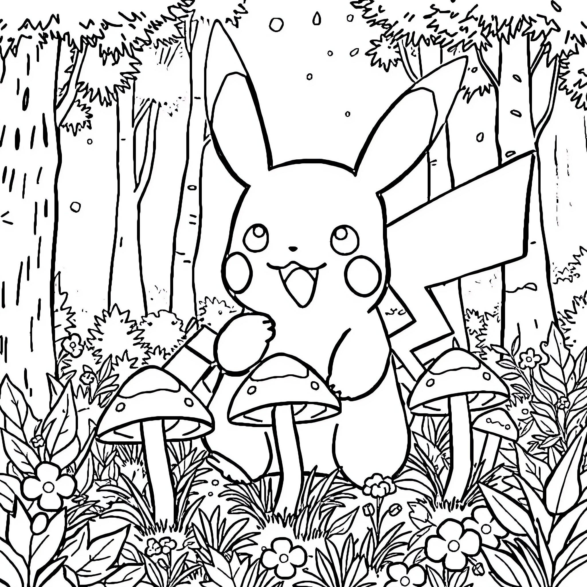 Pikachu explores the magical forest Coloring Page (free black-and-white line drawing printable PDF for all, from beginners to advanced learners, including children, teens, adults, and seniors)