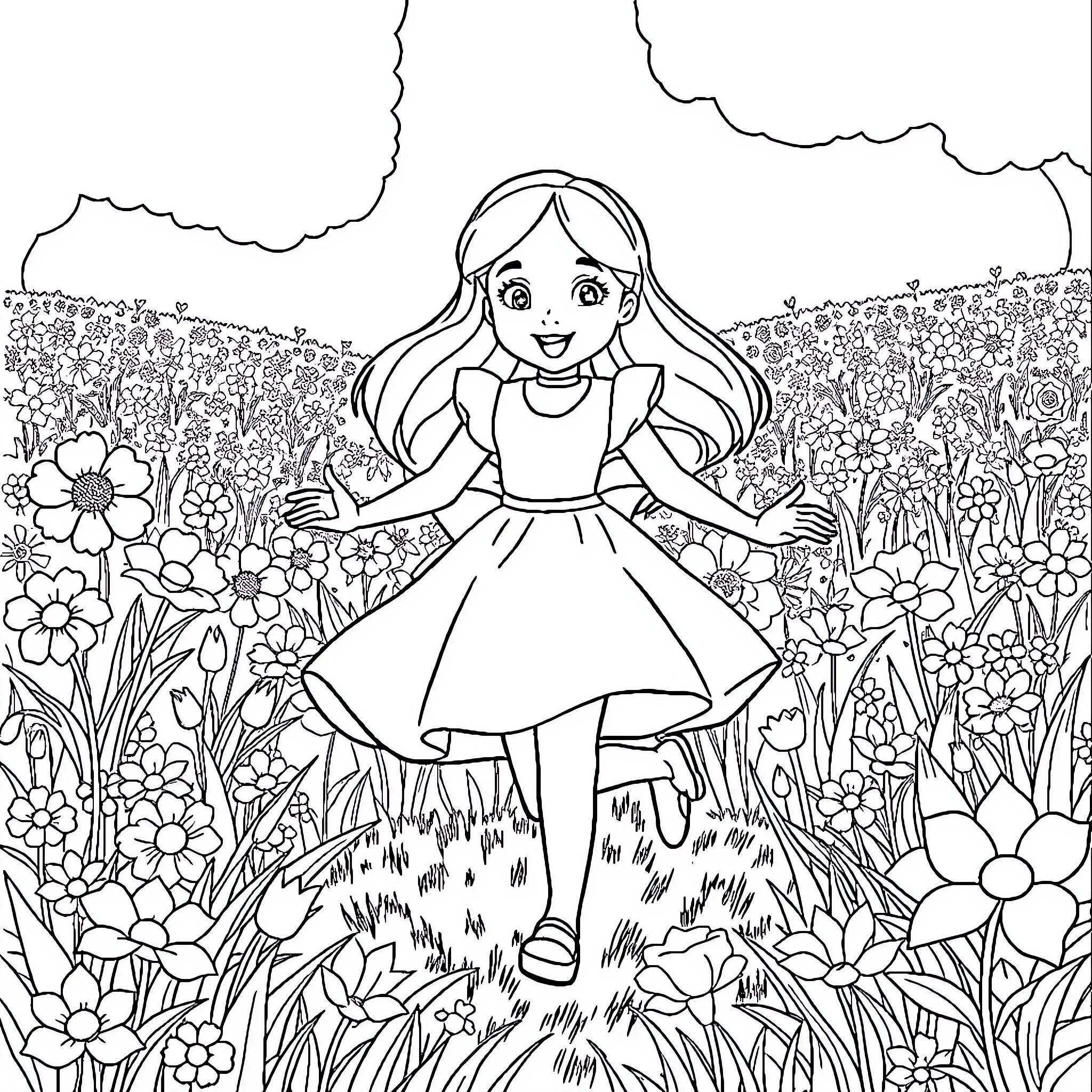 Alice enjoying a blooming meadow Coloring Page (free black-and-white line drawing printable PDF for all, from beginners to advanced learners, including children, teens, adults, and seniors)
