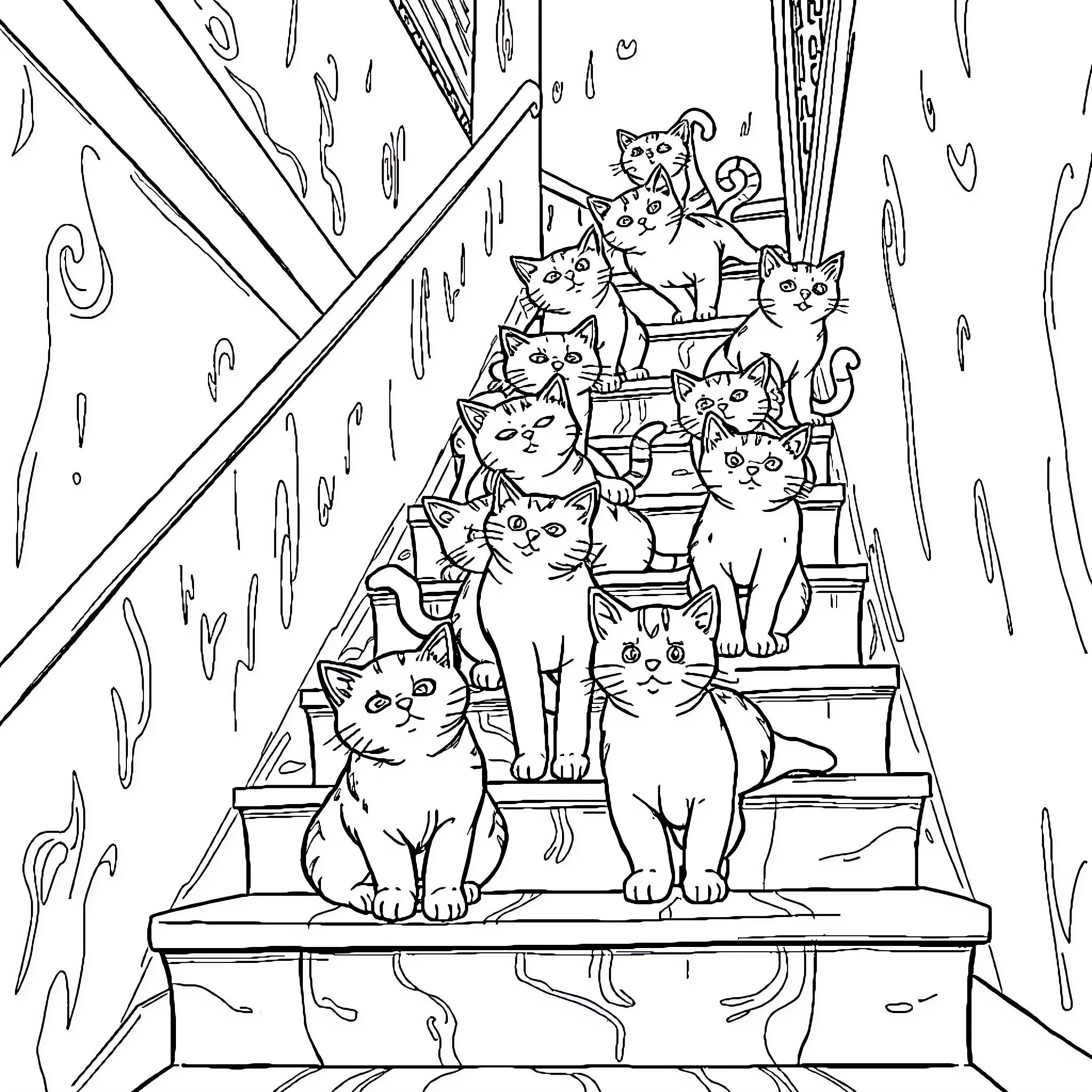 Cat Gathering on Stairs Coloring Page (free black-and-white line drawing printable PDF for all, from beginners to advanced learners, including children, teens, adults, and seniors)
