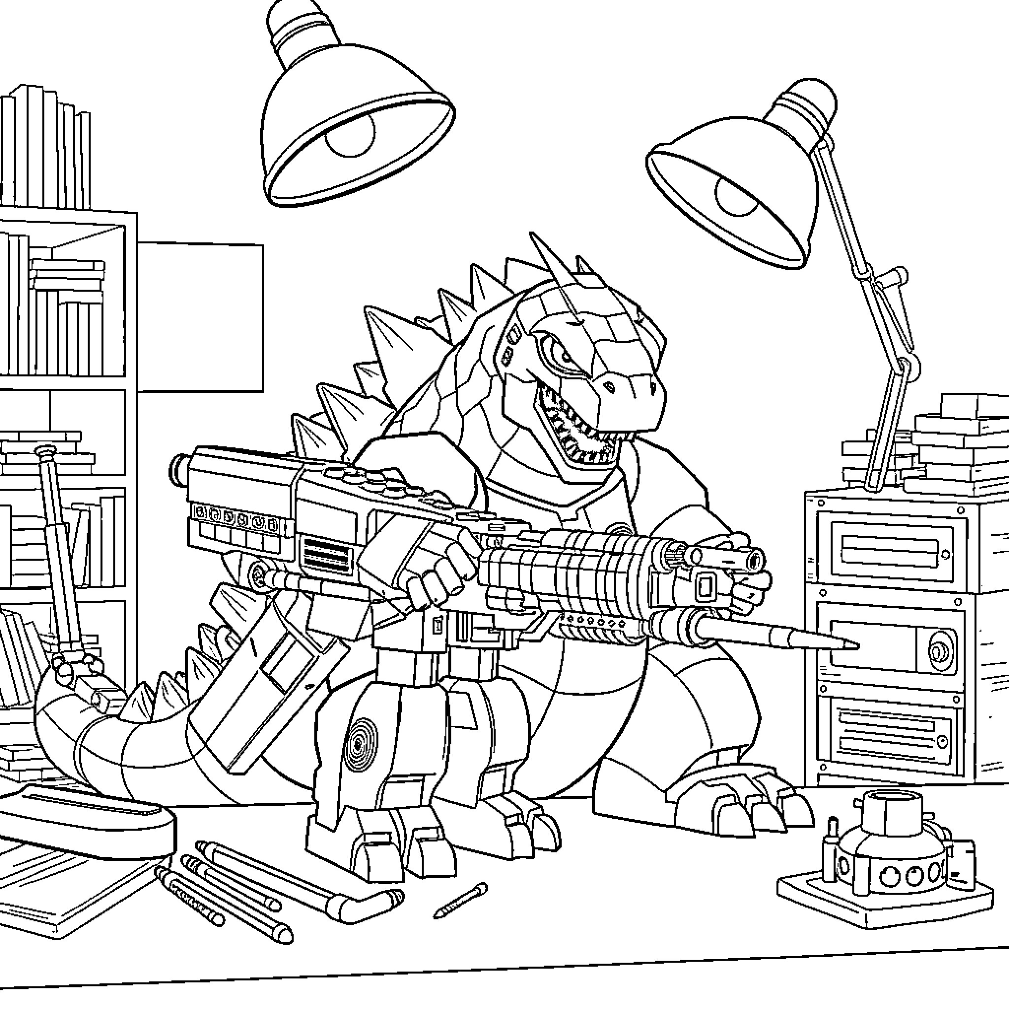 Godzilla-inspired Robotic Dinosaur Wielding a Weapon Coloring Page (free black-and-white line drawing printable PDF for all, from beginners to advanced learners, including children, teens, adults, and seniors)