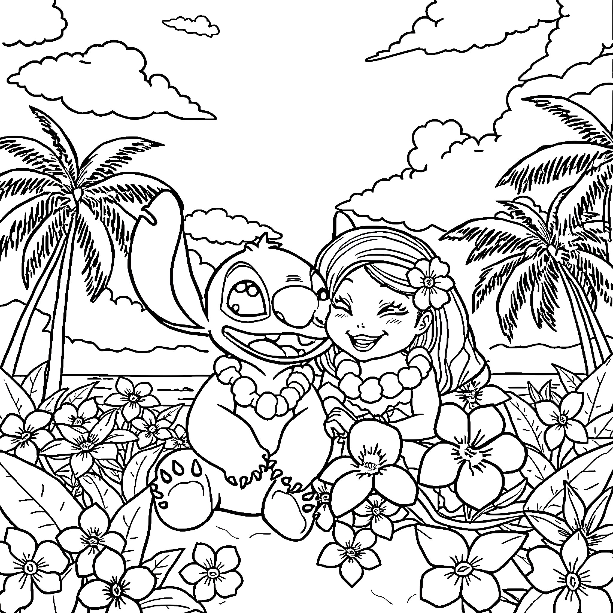 Lilo And Stitch's Hawaiian Adventure Coloring Page (free black-and-white line drawing printable PDF for all, from beginners to advanced learners, including children, teens, adults, and seniors)