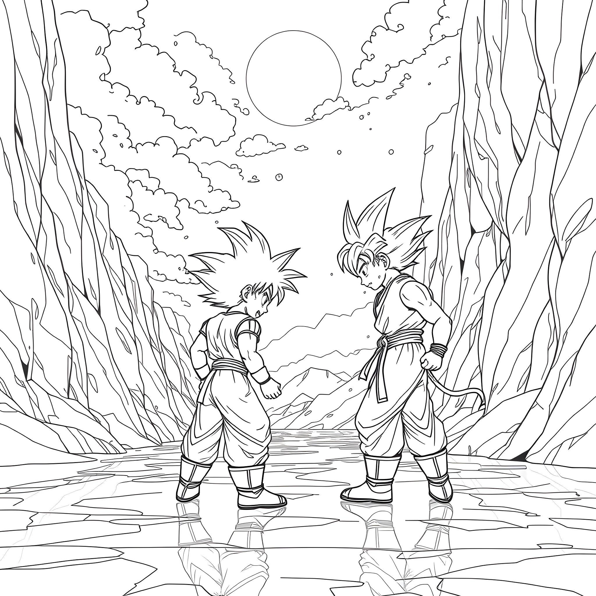 Gohan and Goku engaged in a martial arts stance in a mystical landscape Coloring Page (free black-and-white line drawing printable PDF for all, from beginners to advanced learners, including children, teens, adults, and seniors)