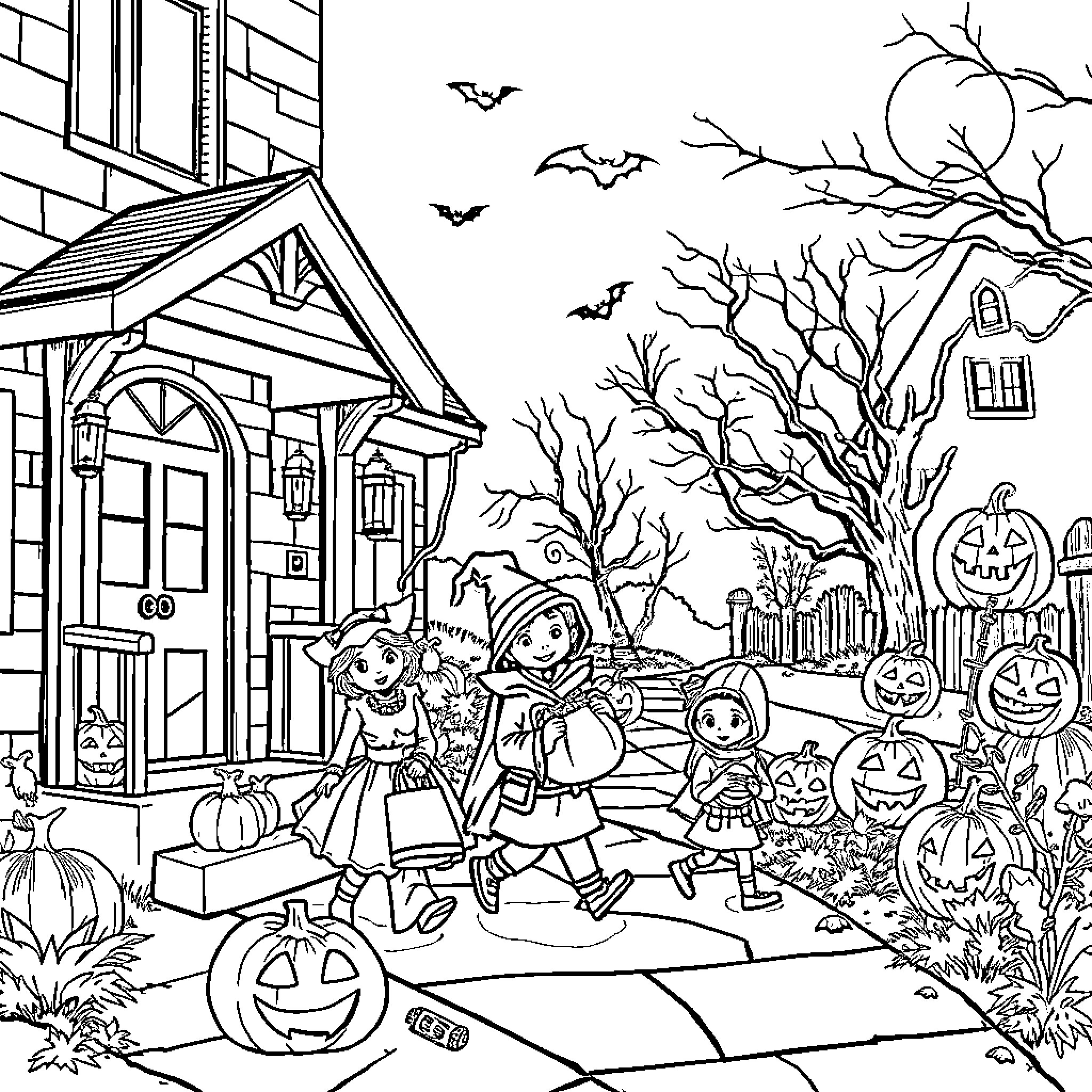 Halloween Trick-or-Treating at the Haunted House Coloring Page (free black-and-white line drawing printable PDF for all, from beginners to advanced learners, including children, teens, adults, and seniors)