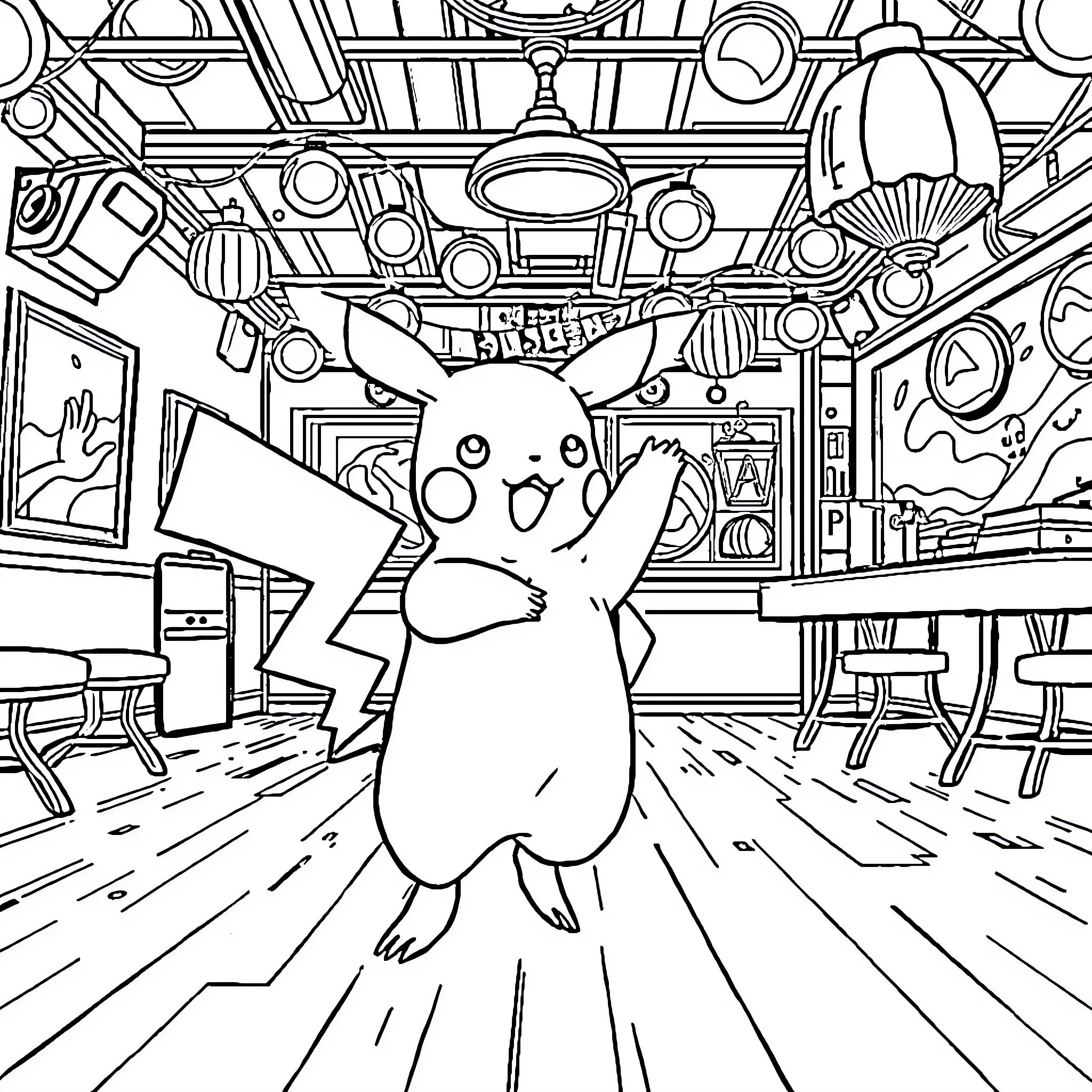 Pikachu excitedly exploring a cluttered room Coloring Page (free black-and-white line drawing printable PDF for all, from beginners to advanced learners, including children, teens, adults, and seniors)