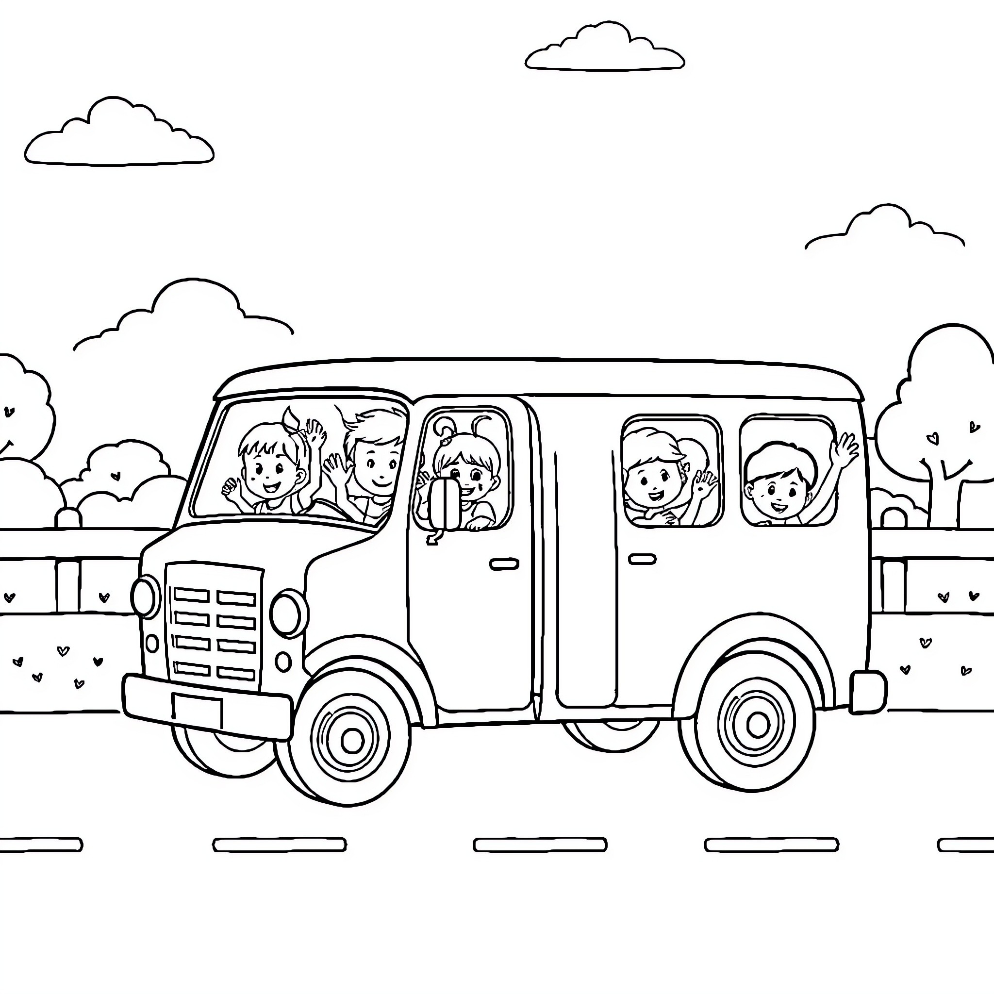 Truck transporting happy children on a field trip Coloring Page (free black-and-white line drawing printable PDF for all, from beginners to advanced learners, including children, teens, adults, and seniors)