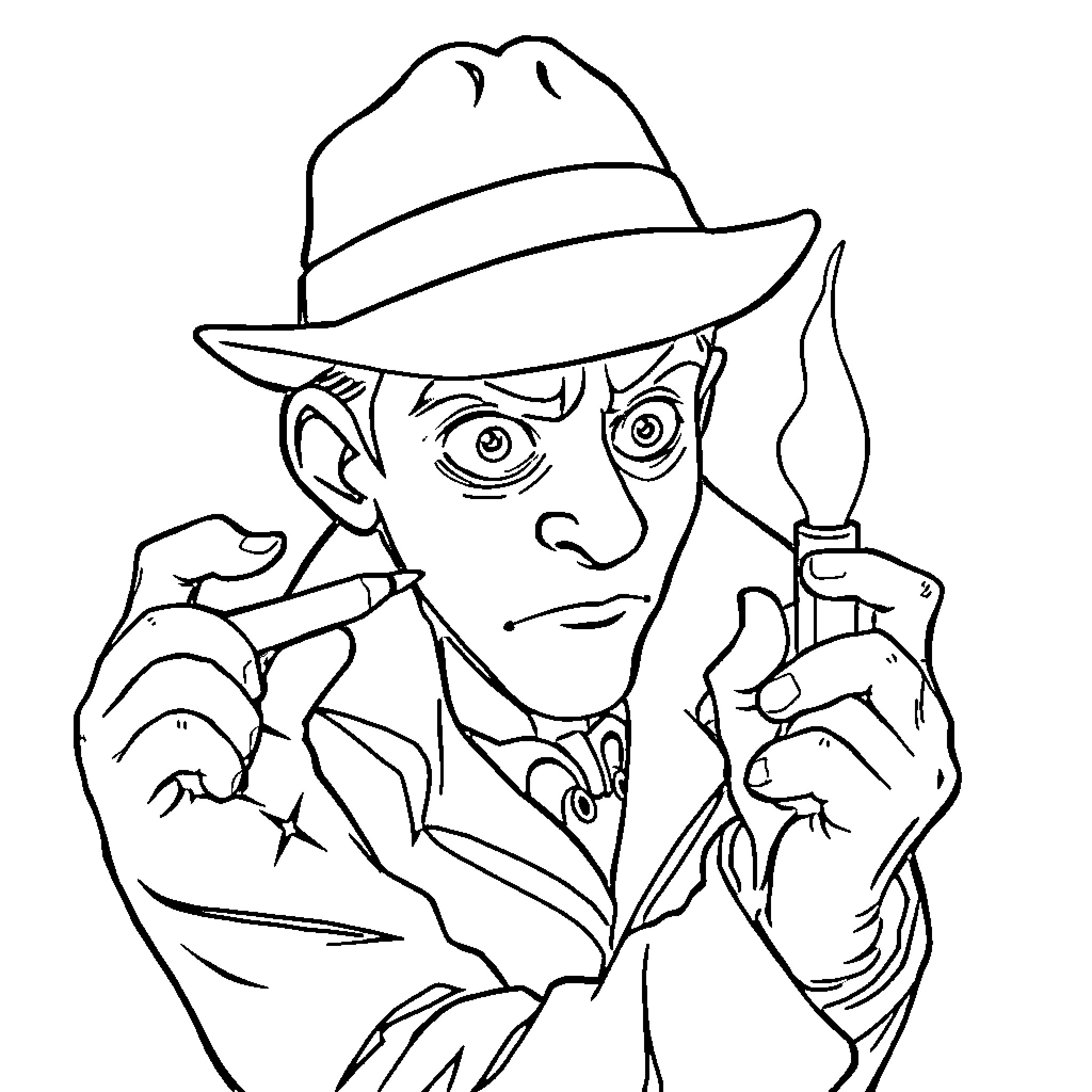 Detective Investigates Mysterious Clues in the Dark Coloring Page (free black-and-white line drawing printable PDF for all, from beginners to advanced learners, including children, teens, adults, and seniors)
