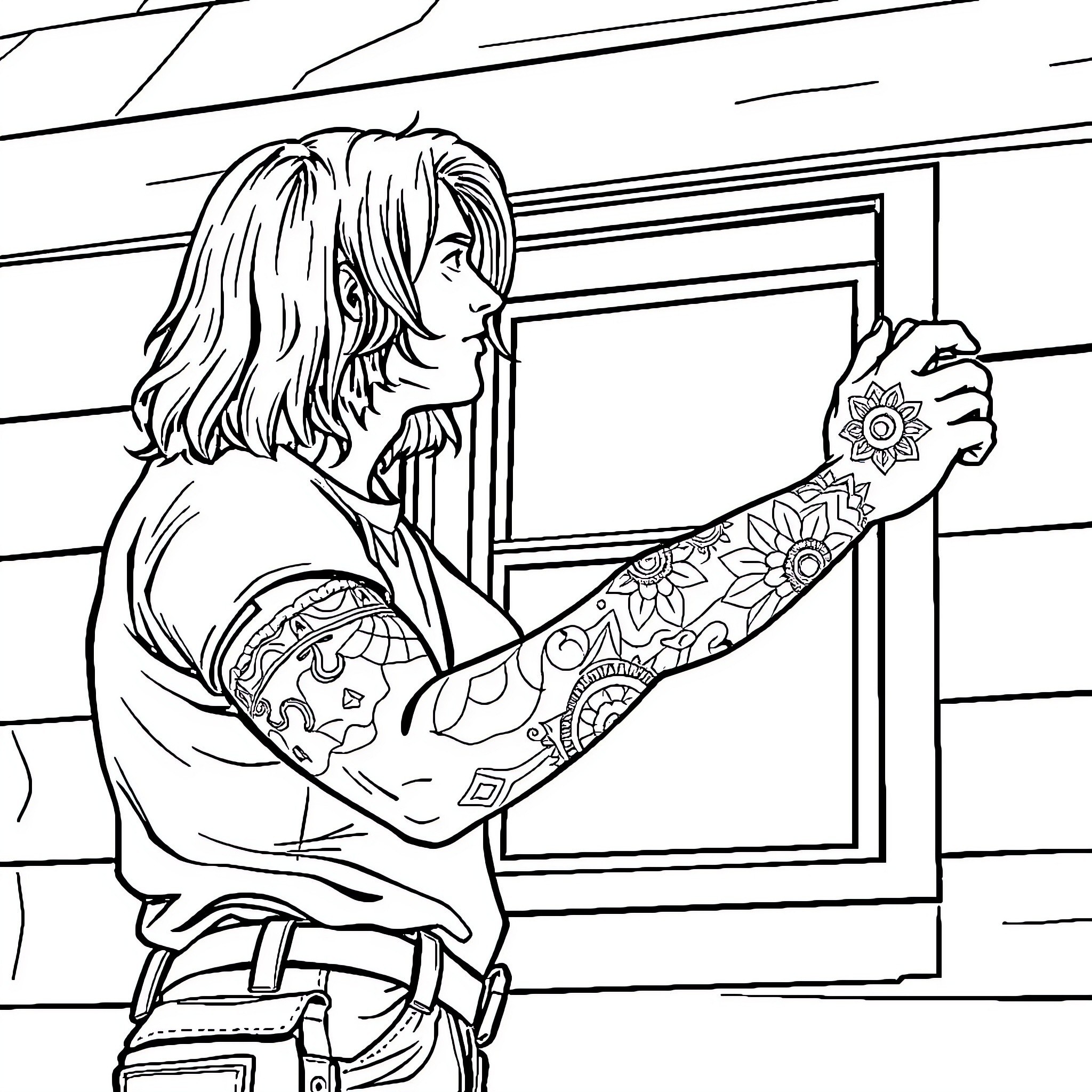 Man examining artwork on the wall Coloring Page (free black-and-white line drawing printable PDF for all, from beginners to advanced learners, including children, teens, adults, and seniors)