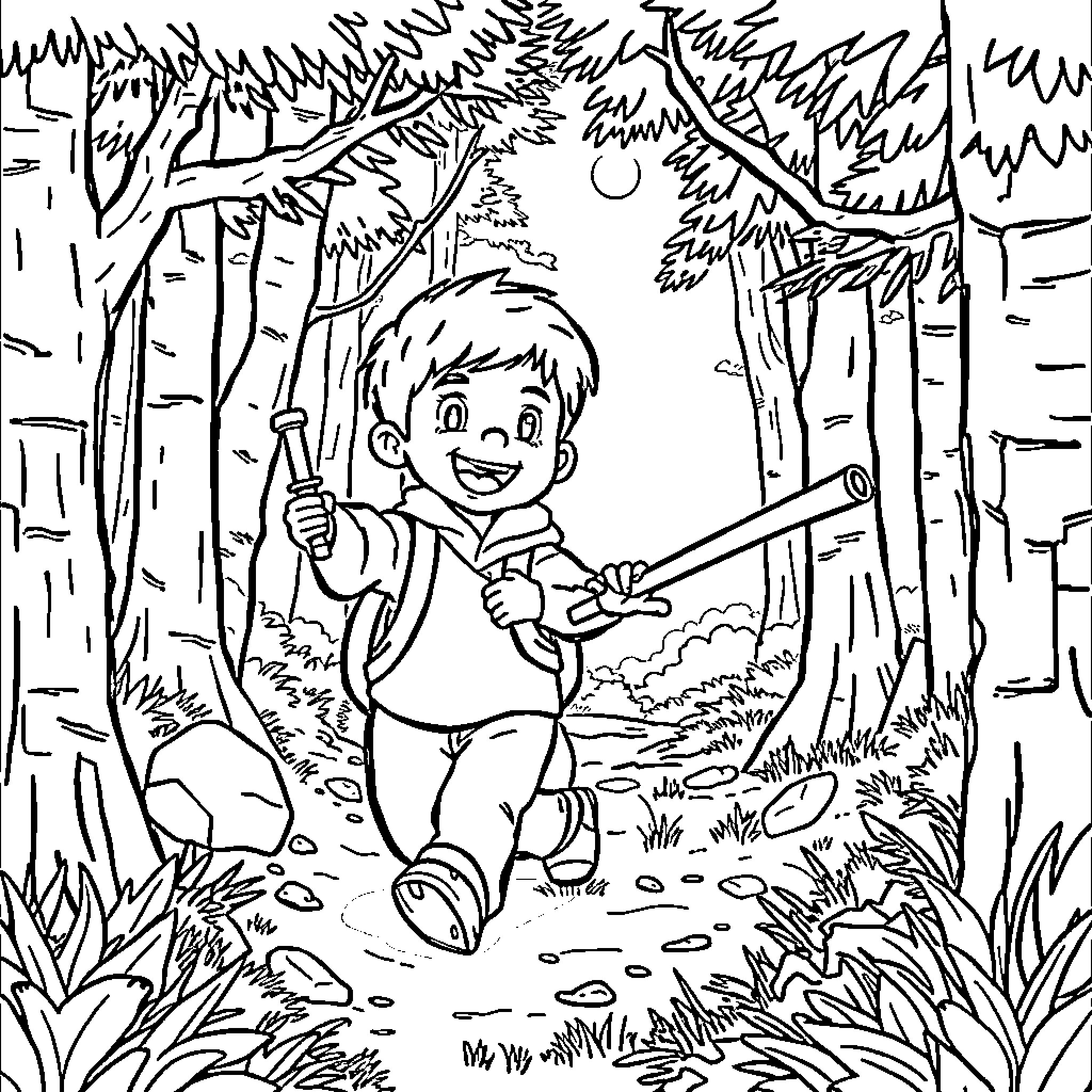 Boy exploring the forest with a walking stick Coloring Page (free black-and-white line drawing printable PDF for all, from beginners to advanced learners, including children, teens, adults, and seniors)
