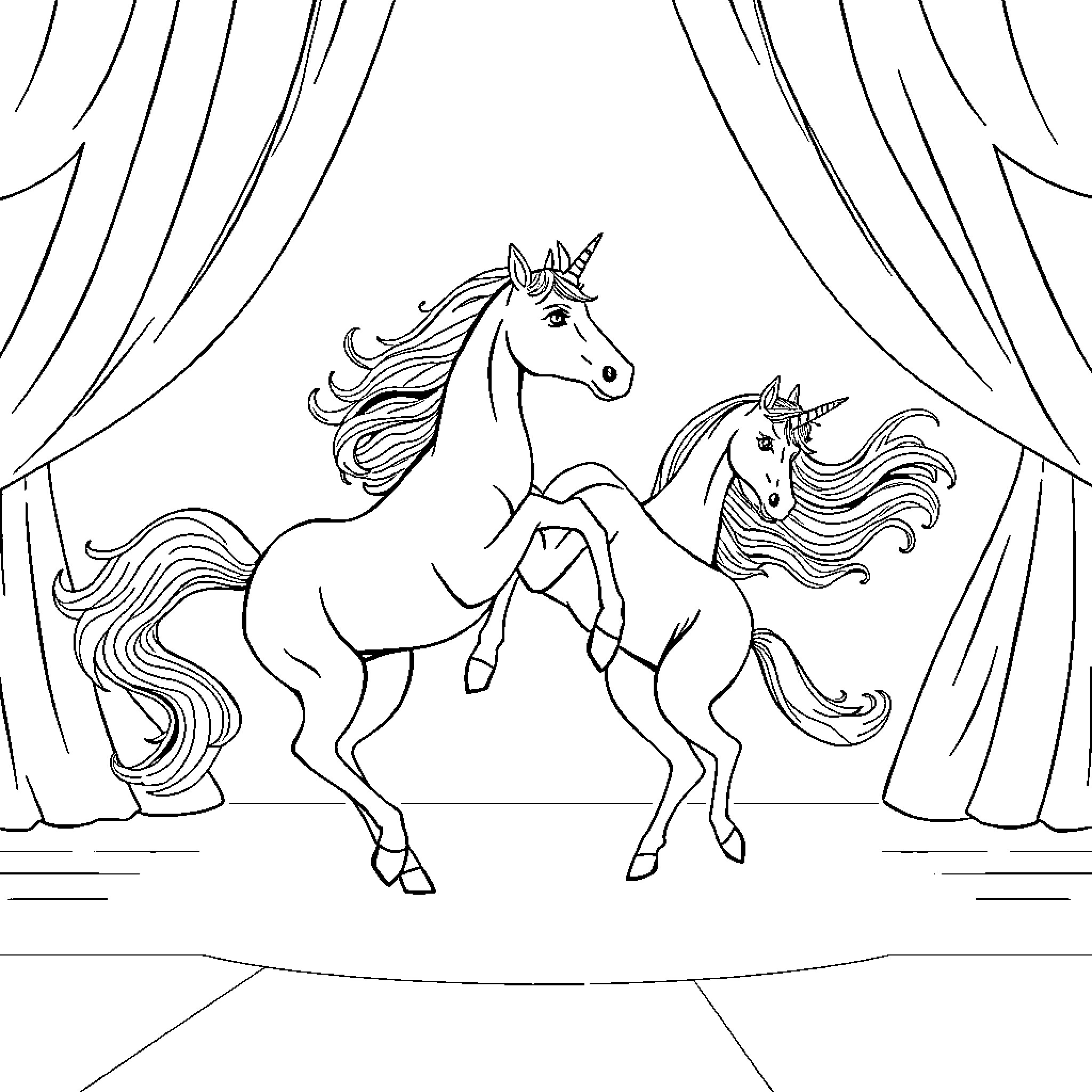 Unicorn performance on the stage Coloring Page (free black-and-white line drawing printable PDF for all, from beginners to advanced learners, including children, teens, adults, and seniors)