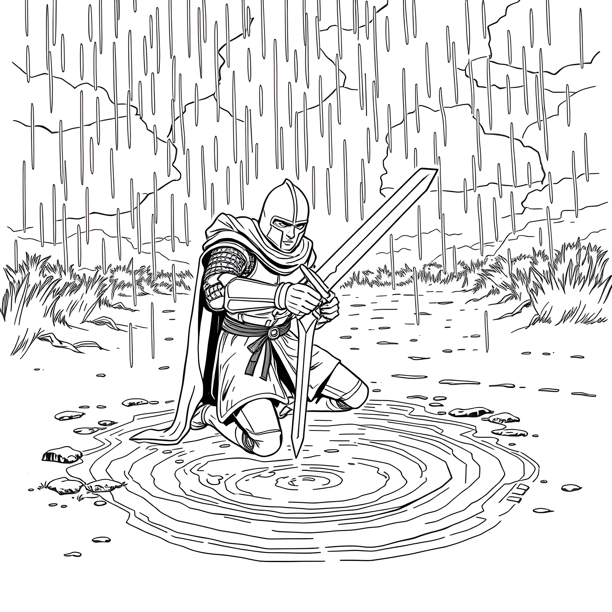 Knight stands ready in the rainy wilderness Coloring Page (free black-and-white line drawing printable PDF for all, from beginners to advanced learners, including children, teens, adults, and seniors)