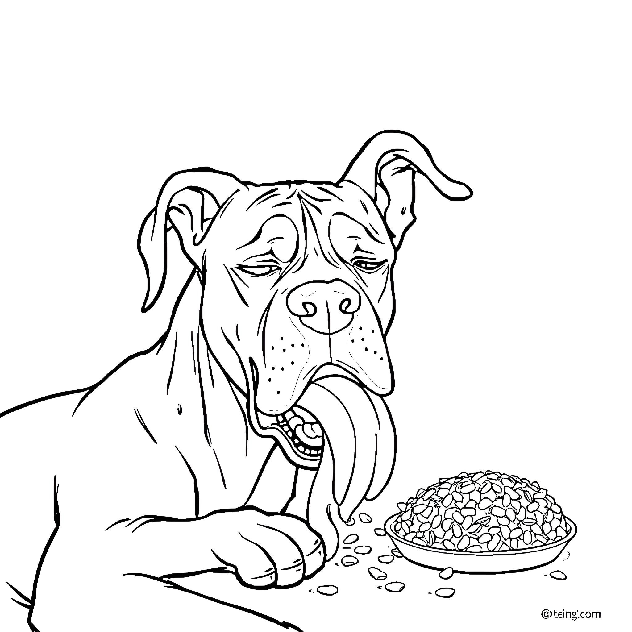 Great Dane enjoying a tasty treat Coloring Page (free black-and-white line drawing printable PDF for all, from beginners to advanced learners, including children, teens, adults, and seniors)