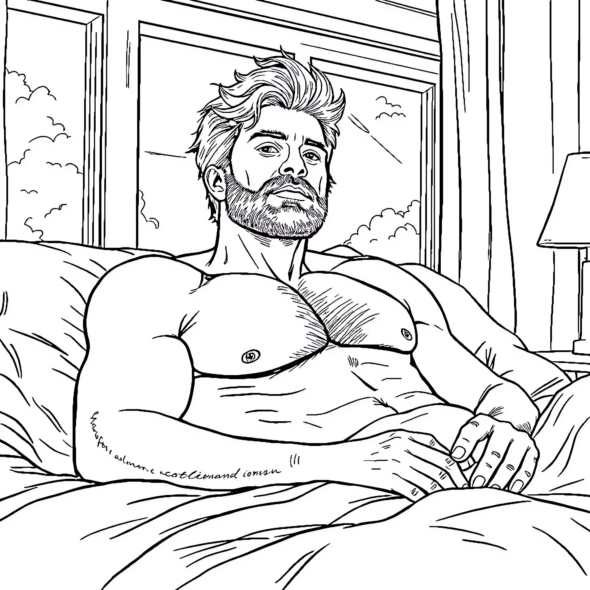 Man reclining on bed with serious expression Coloring Page (free black-and-white line drawing printable PDF for all, from beginners to advanced learners, including children, teens, adults, and seniors)