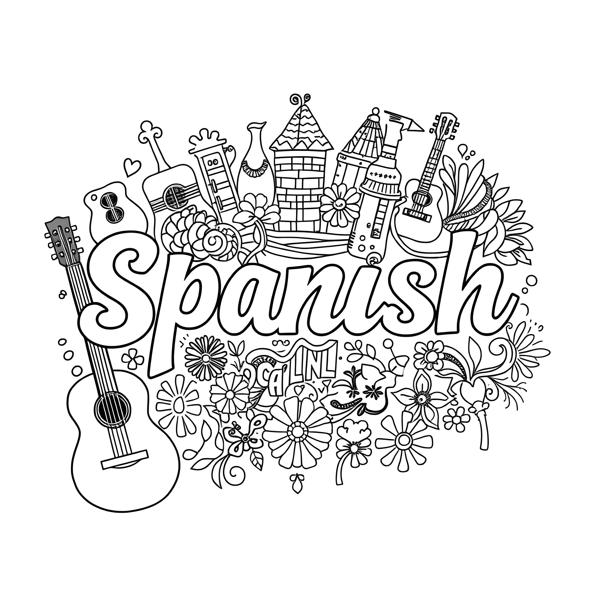 Spanish Word with Flowers, Instruments, and Architectural Elements Coloring Page (free black-and-white line drawing printable PDF for all, from beginners to advanced learners, including children, teens, adults, and seniors)