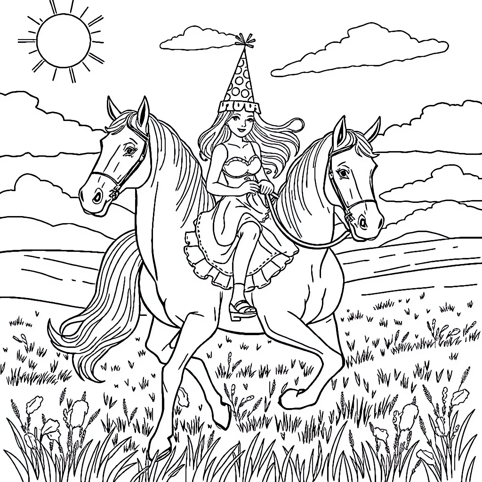 Lady riding horses in pastoral landscape Coloring Page (free black-and-white line drawing printable PDF for all, from beginners to advanced learners, including children, teens, adults, and seniors)