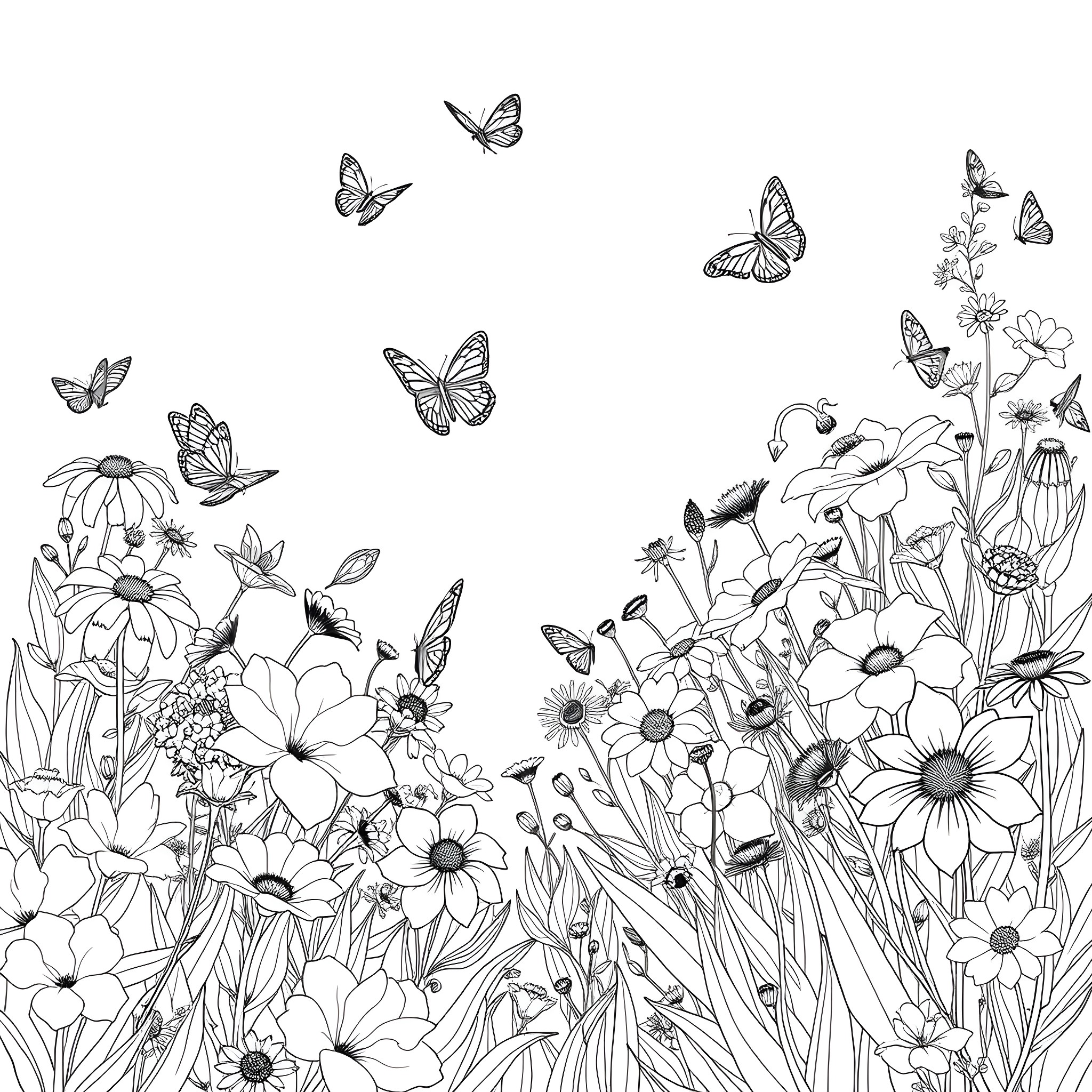 Butterfly Dance in a Floral Garden Coloring Page (free black-and-white line drawing printable PDF for all, from beginners to advanced learners, including children, teens, adults, and seniors)