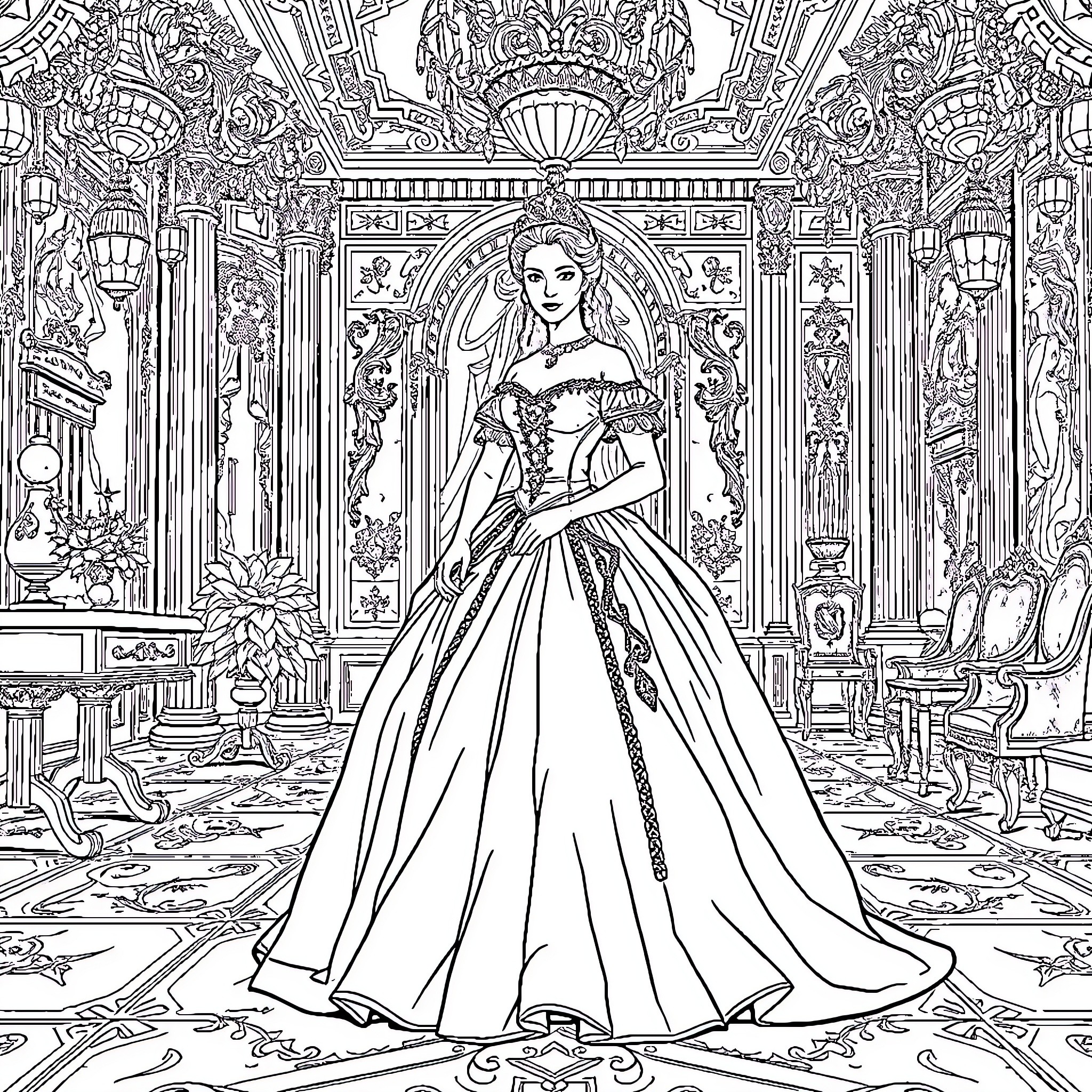 Marie Antoinette in Lavish Royal Palace Attire Coloring Page (free black-and-white line drawing printable PDF for all, from beginners to advanced learners, including children, teens, adults, and seniors)