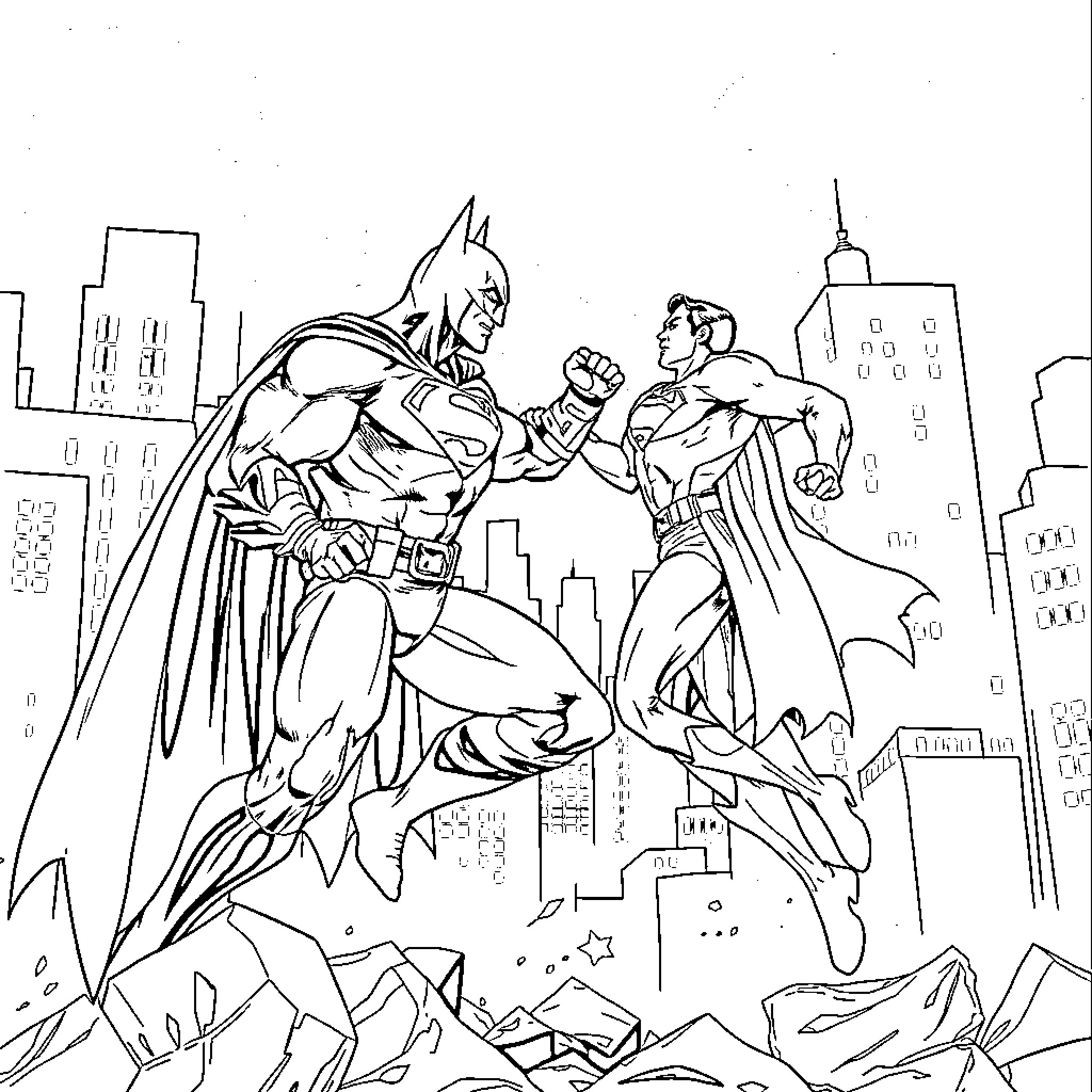 Batman and Superman fighting heroically in the city Coloring Page (free black-and-white line drawing printable PDF for all, from beginners to advanced learners, including children, teens, adults, and seniors)